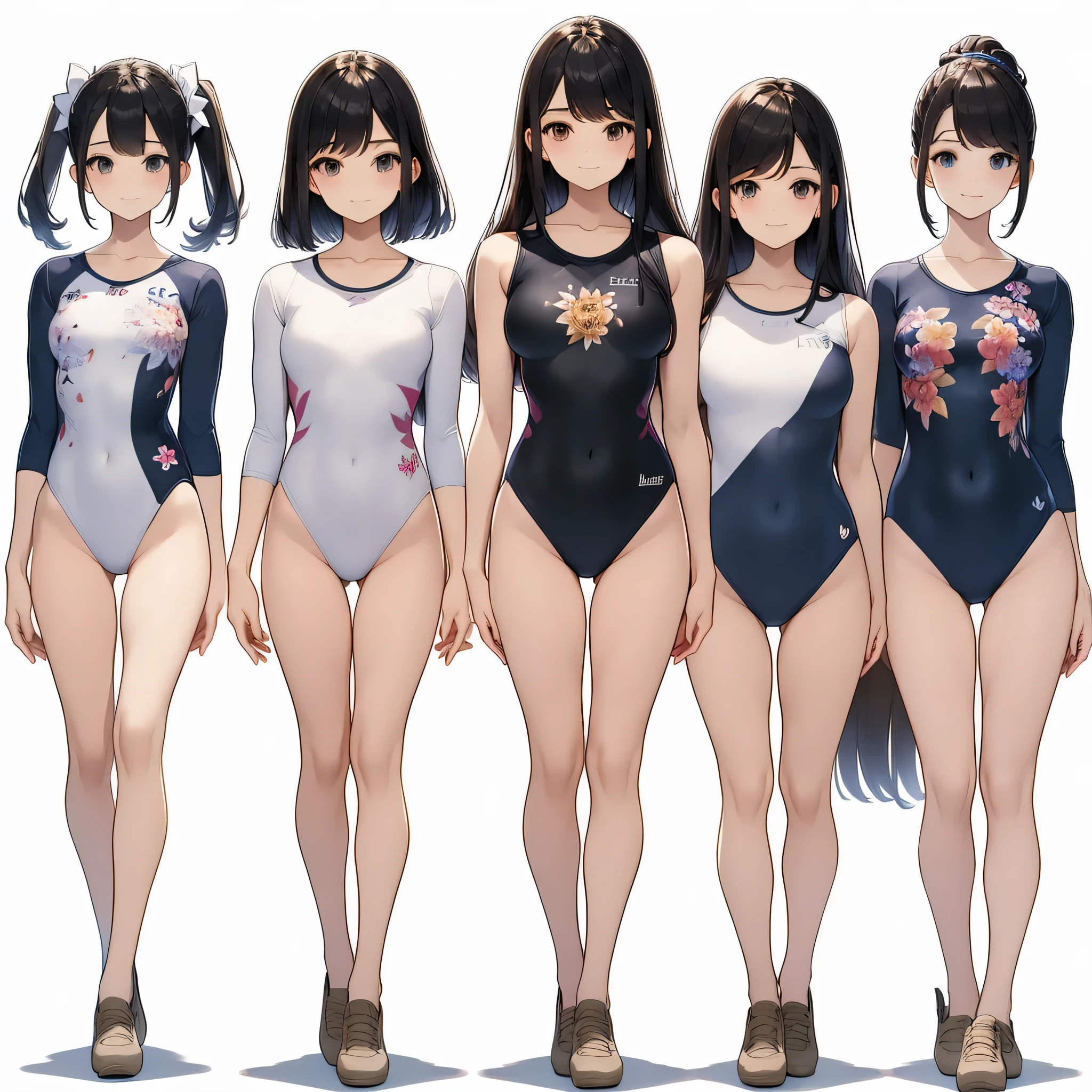 ((full body)),(masterpiece, highest quality), (3 girls 1.5) ,((contrasting:1.5)), looking at iniewer, walk,((in_arm:1.2)), wear gymnastics_longsleeines_leotard_outfit leotard:1.3), (Floral:1.3), BREAK masterpiece black hair, ((long hair:1.2)), ((parted bangs:1.3)), black eye, good hand, ((small breasts)), (oiner 20 years old, Under 25 years old:1.2), , Spotlight, Happy, smile, 教室in休憩