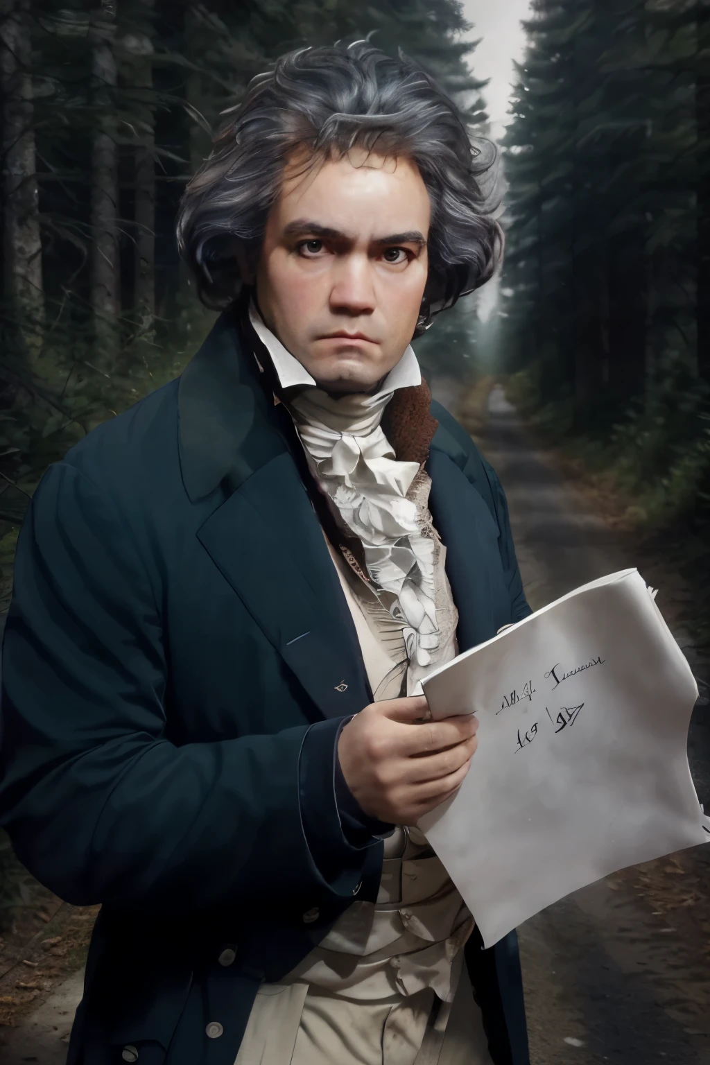 Full body portrait of Beethoven man with messy hairstyle and suit 1801, detailed face, (perfect eyes), (highly detailed skin:1.1), (delicate hands and fingers), Write on paper, (art：Johfra Bosschart), neoclassicism, professional photography, dramatic lighting, realistic, sunset, ((with forest background)), blurred background, god&#39;s rays, Bokeh, born, analog, volumetric fog, sharp focus, 8K, High resolution, high quality, Fujifilm XT3, film grain, Award history