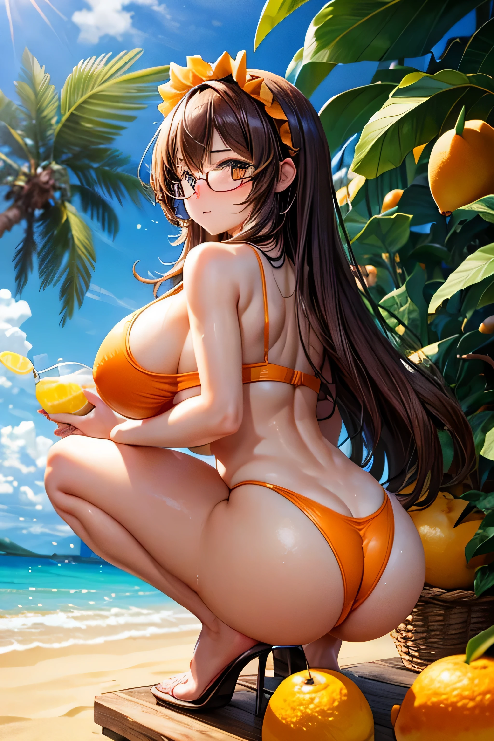 High resolution, high quality, 1 girl, anime girl, brown long hair, brown eyes,heart-shaped pupil, Green glasses, tanned skin, big breasts,beautiful breasts, (big ass),beautiful butt,白いスクールwater着,squat,(drink a lot of juice),(inflate one&#39;s stomach),(lemonade),(lemon juice),(orange juice),(mango juice),(Binapple juice),(water),at the cafe,