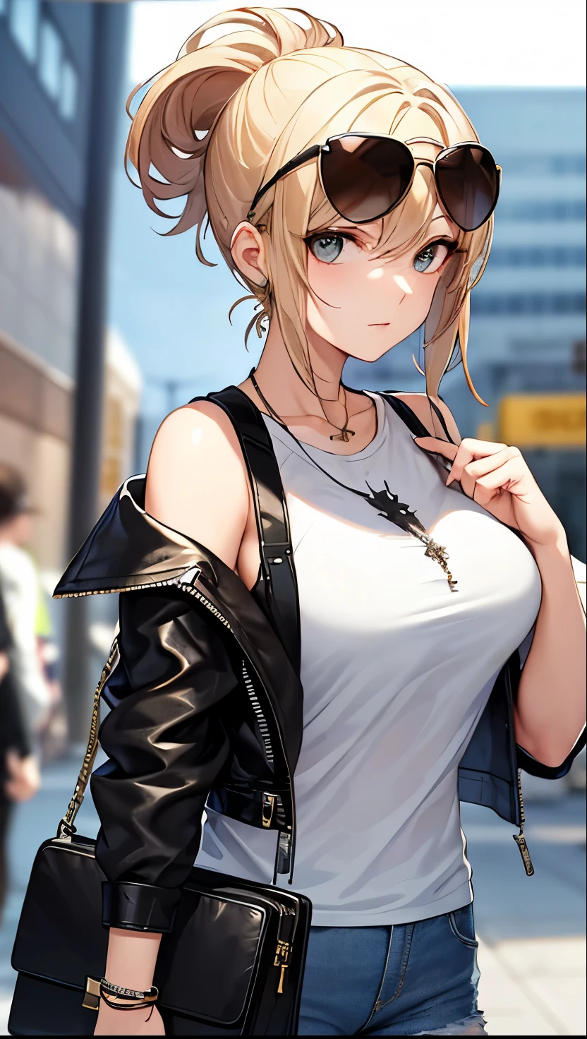 (masterpiece:1.2, highest quality), 1 female, alone, Upper body, big breasts, A chic and edgy leather jacket、Look confident and effortless with minimal makeup and a messy bun paired with a classic white T-shirt and distressed jeans (Music festivals and trendy downtown district) Sunglasses with a presence and heavy jewelry, Comes with a convenient crossbody bag
