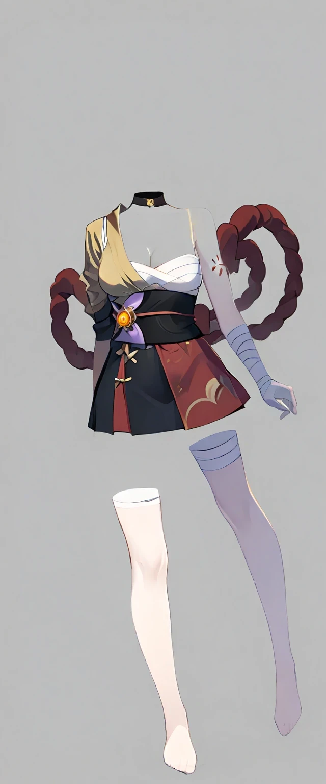nobody, 1 girl, alone,(Headless:1.5), no hands, no legs, No weapons, No weapons, Simple background, whole body,blonde hair,ponytail, hair accessories,yellow eyes,collar,bandage,split,chest tattoo,arm tattoo,缠着bandage的手臂,rope,Shina rope,kimono, japanese clothes, if you don't,single glove, Heart,sash,imagine (Genshin Impact),pouch,golden claw,缠着bandage的腿,(\Xiao Gong\)