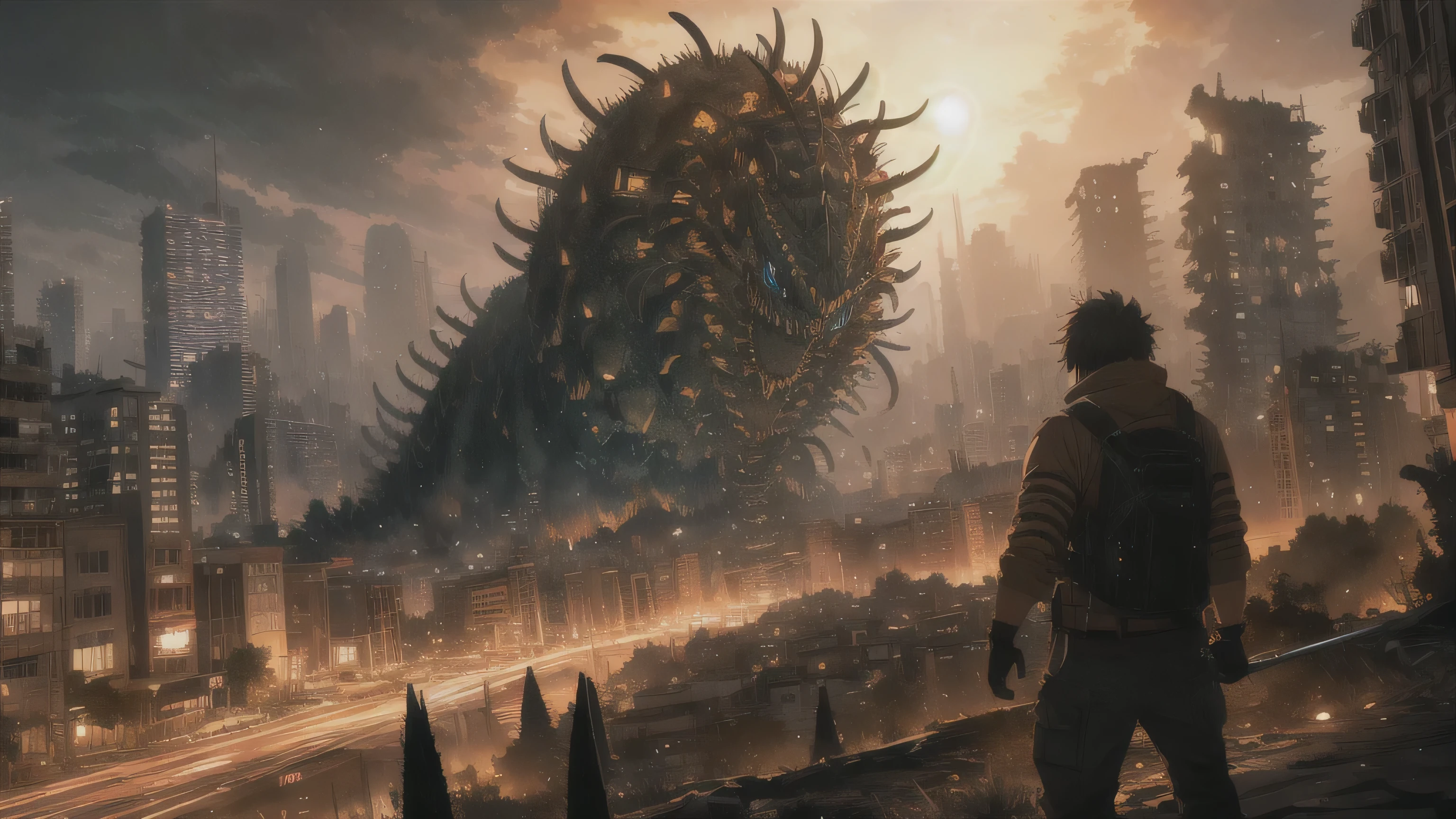 Giant centipede monster destroys city (City ruins at night in the background) (best quality: 1.1) (masterpiece: 1.3) with unparalleled masterpiece, Surreal 8K, perfect work of art, Super details, best quality, masterpiece 4K wallpaper aesthetics, masterpiece, Award-winning artwork, official art, movie lighting
