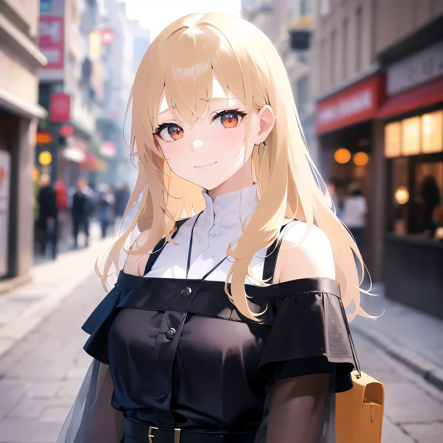 side amgle, Upper Body, Realistic, real person, (pale skin: 1.2), RAW photo, photorealistic, portrait photography, shiny skin, japanese idol、shiny hair、(25 year old woman with medium hair with blonde bangs) and (wavy hair) and (orange eyes) , (sad smile:1.5), black off shoulder blouse、The background is a shopping street、Alone、Are standing、