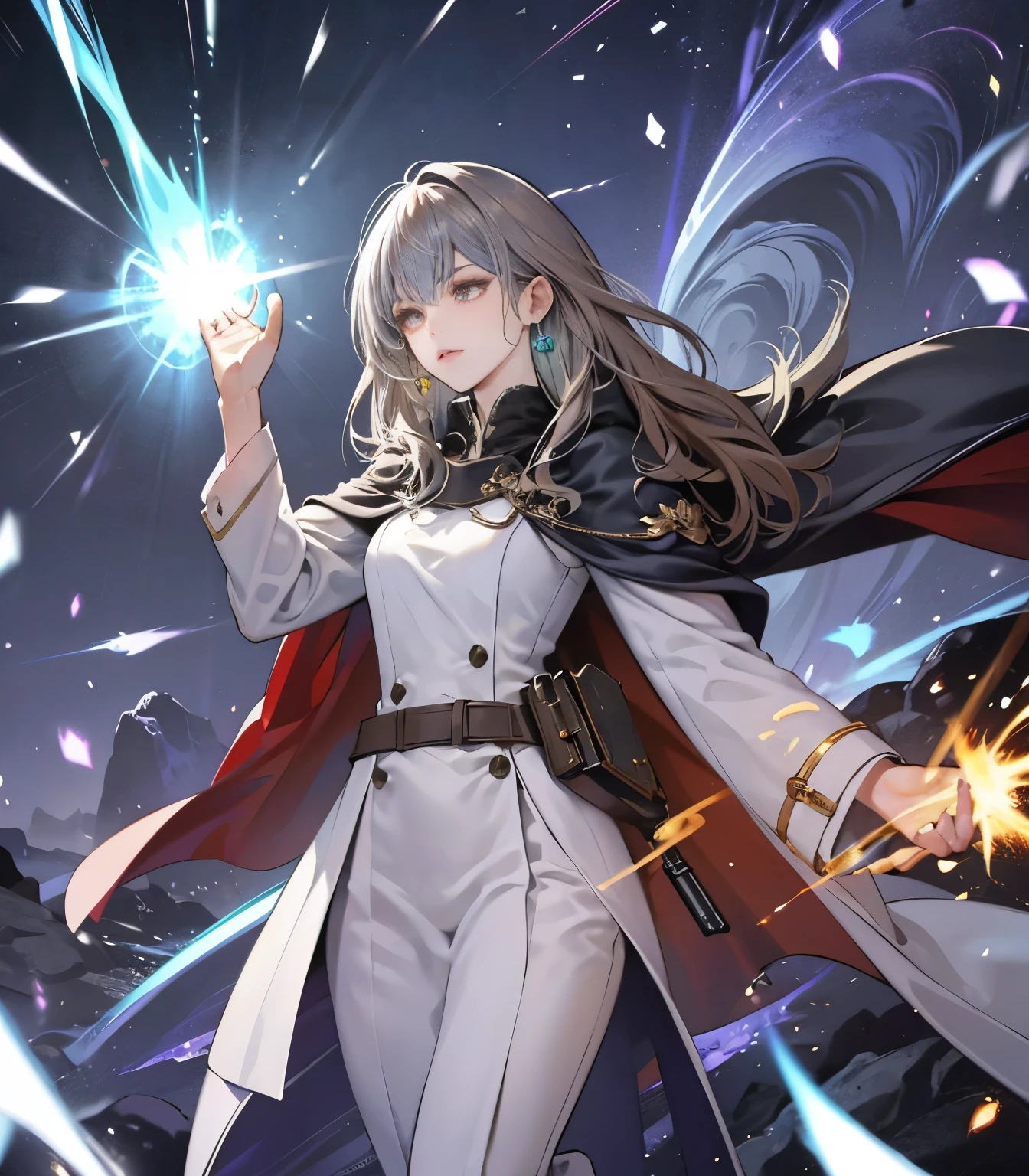 female wizard conjuring a magical lightning attack against the enemy, electric sparks hovering around her, female character, brown hair, wearing an animal skin coat, pompous cape, black cape, cold colors, green crystal earrings, a powerful wizard , calm countenance, brownish long pants, Eskimo boots, exploding energy everywhere, perfect hand, super detailed, eyes as black as onyx