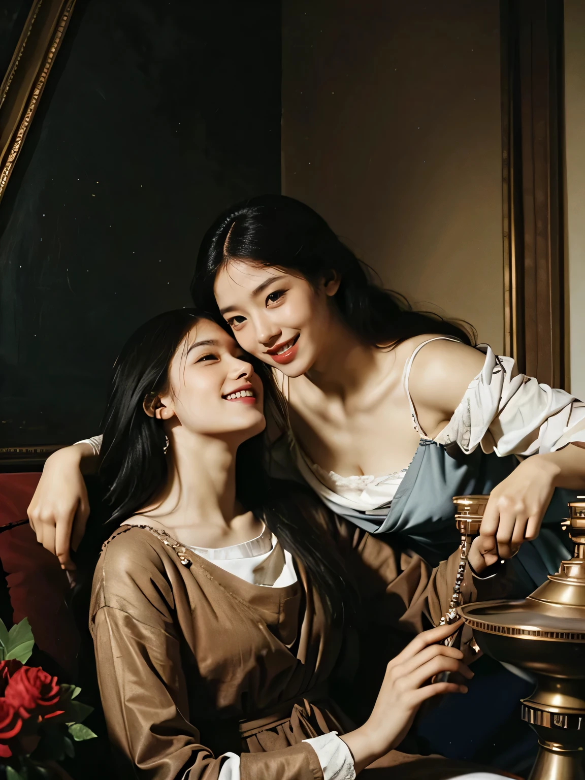 Giorgione painting style,Arguments of two female Philosophe,math、astronomical machine、astronaut、roses in vase、fruits、Cute trinkets、smile、ancient greek costume、Ancient Roman landscape in the style of Nicolas Poussin,laughter,,Sweet and seductive appearance.、Caravaggio's paintings、Chiaroscuro of Caravaggio、hair tousled by the wind,Two women frolicking,cute smile, expression of ecstasy,Sexy,erotic