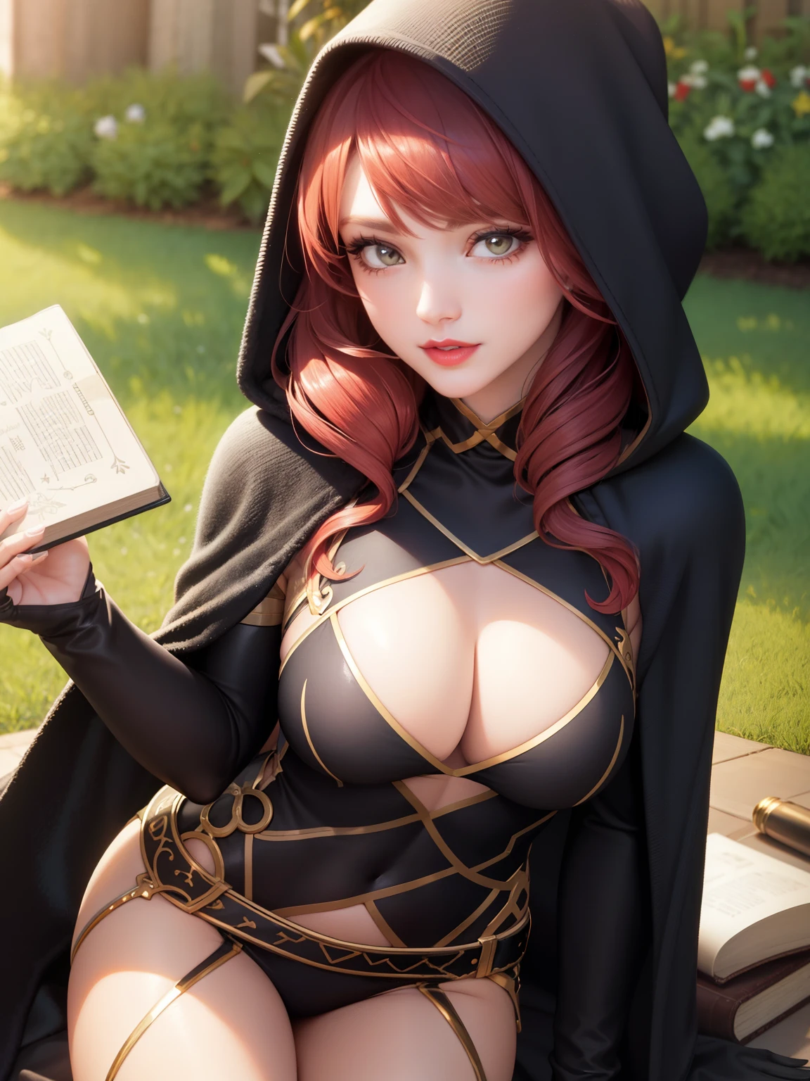 perfect eyes:1.2, detailed eyes:1.4, realistic:1.4, red hair, hair over shoulder, holding book, book, robe, cape, fringe, tentacles, argyle, checkered, clothing cutout, thighhighs, makeup, lipstick, hood up, cleavage, 1girl, solo, (masterpiece:1.6, best quality),