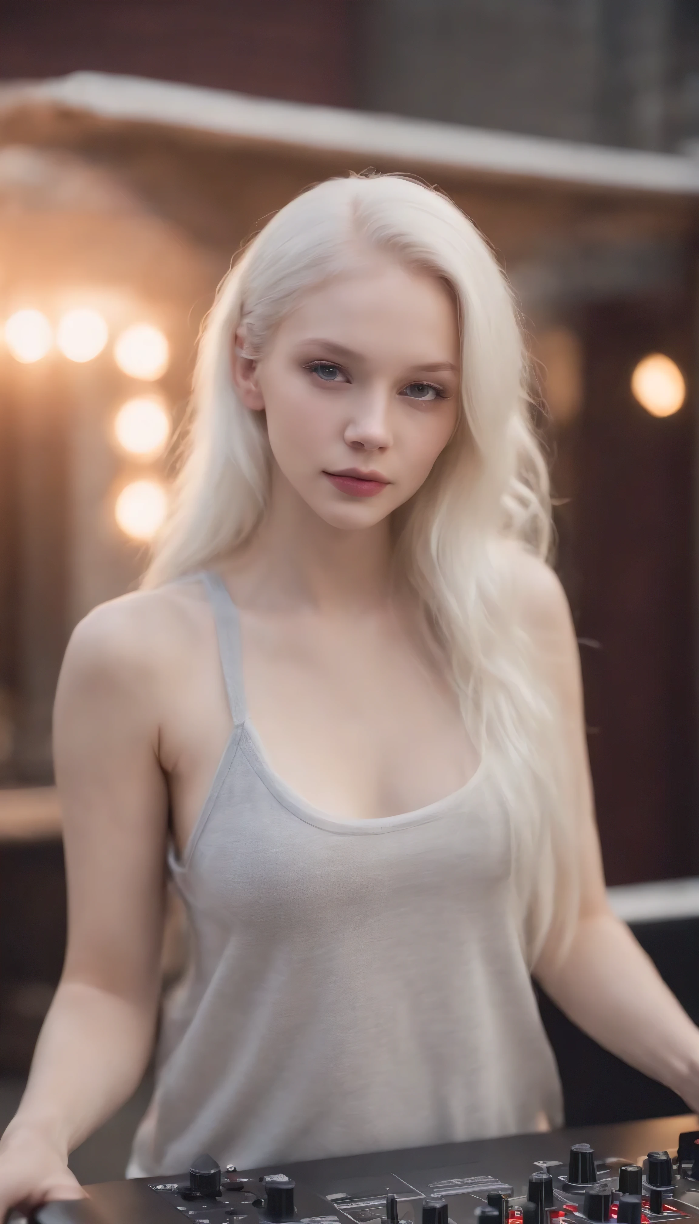 make a wonderful 20 year old albino girl in nightwear working as a DJ at night, with a brown birthmark on his arm like two stars, uma maior e uma menor. She is attractive. ter um cabelo comprido. vestindo uma blusa de malha cinza