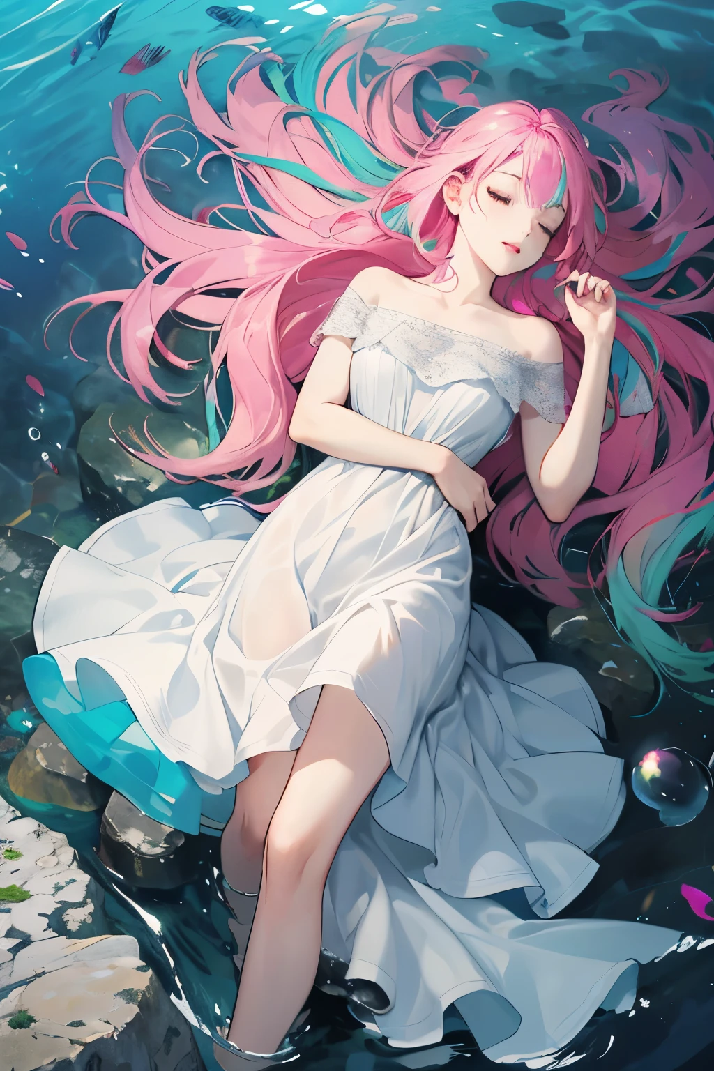 （（upscale，16k，masterpiece：1.3）），（beautiful woman，，Sleep at the bottom of the sea，dark ocean landscape，white dress），pink and green，colorful，flowing hair，(high saturation),(colorful splash),Colorful bubbles,(shining)，Lying on a large rock
