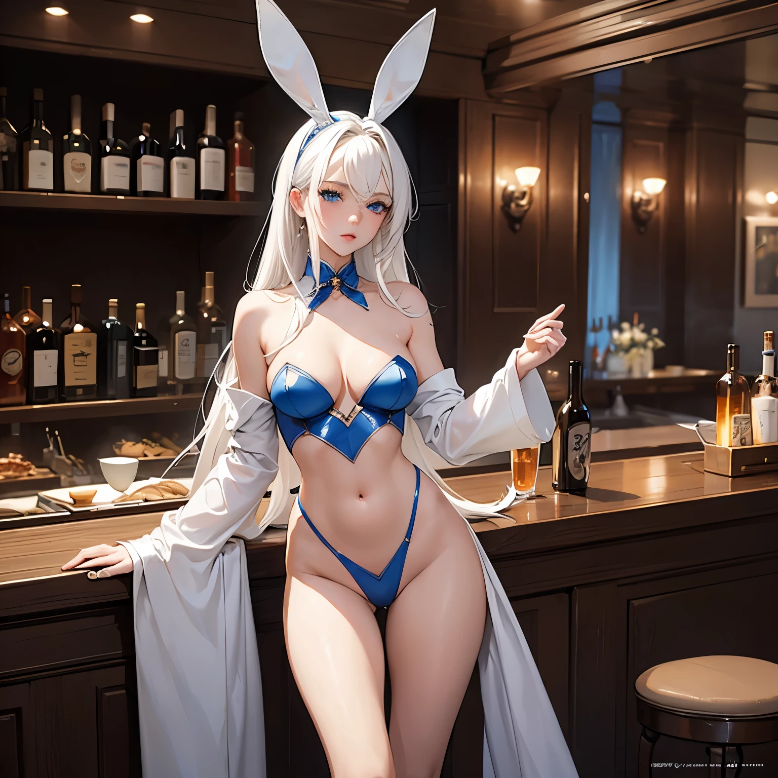 masterpiece, white hair, blue eyes, expressive eyes, beautiful woman, playboy bunny costume, long hair, thin waist, girl hip, thin legs, in a bar