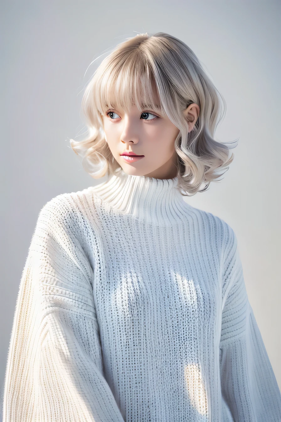 (highest quality、16K resolution)1 girl、alone、natural soft light、、nordic girl、looking at camera、white long sleeve knit、concrete background、facing the front、Are standing、Woman in her early teens、light bangs、platinum hair、salon model、natural look、portrait、floating hair、curly hair