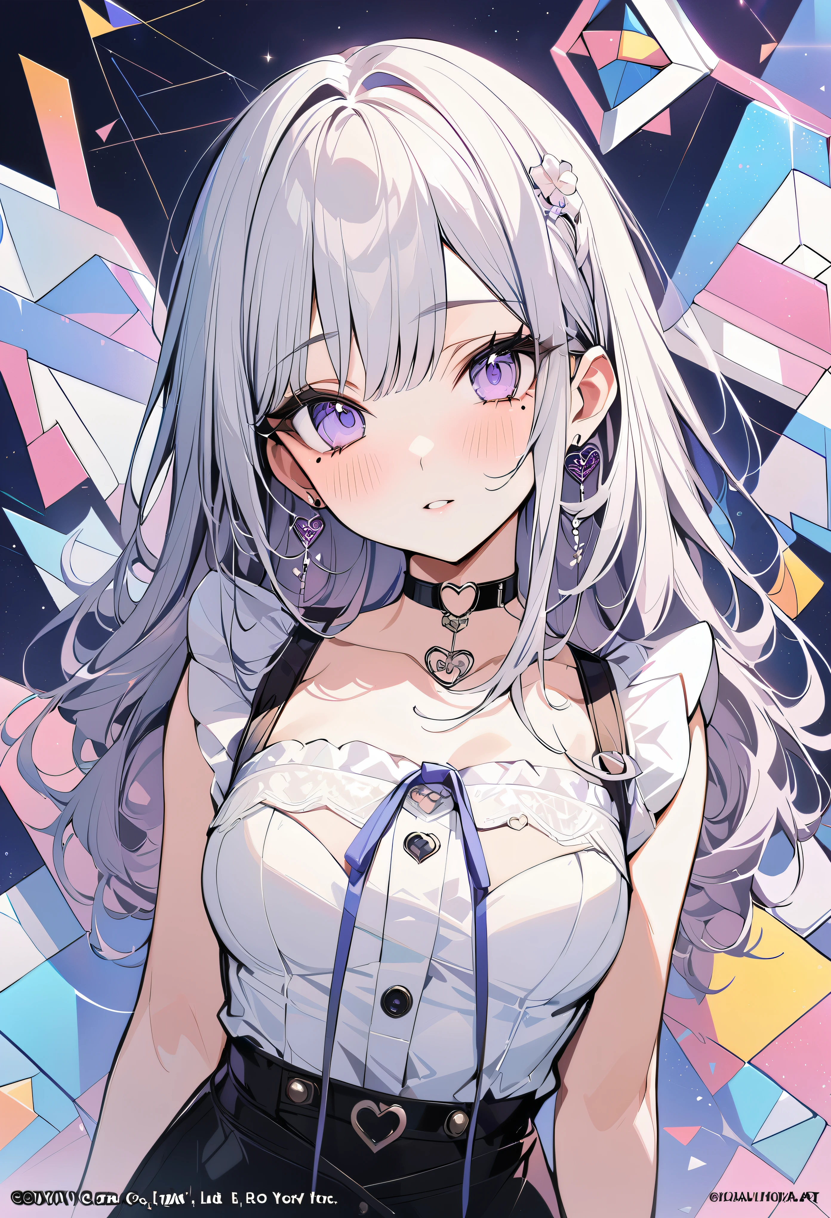 ,beautiful flower々）,mole under eye, heart shaped choker, (masterpiece, highest quality), official art, beautiful and aesthetic: 1.2), (1 girl), very detailed, (geometry art: 1.3), colorful