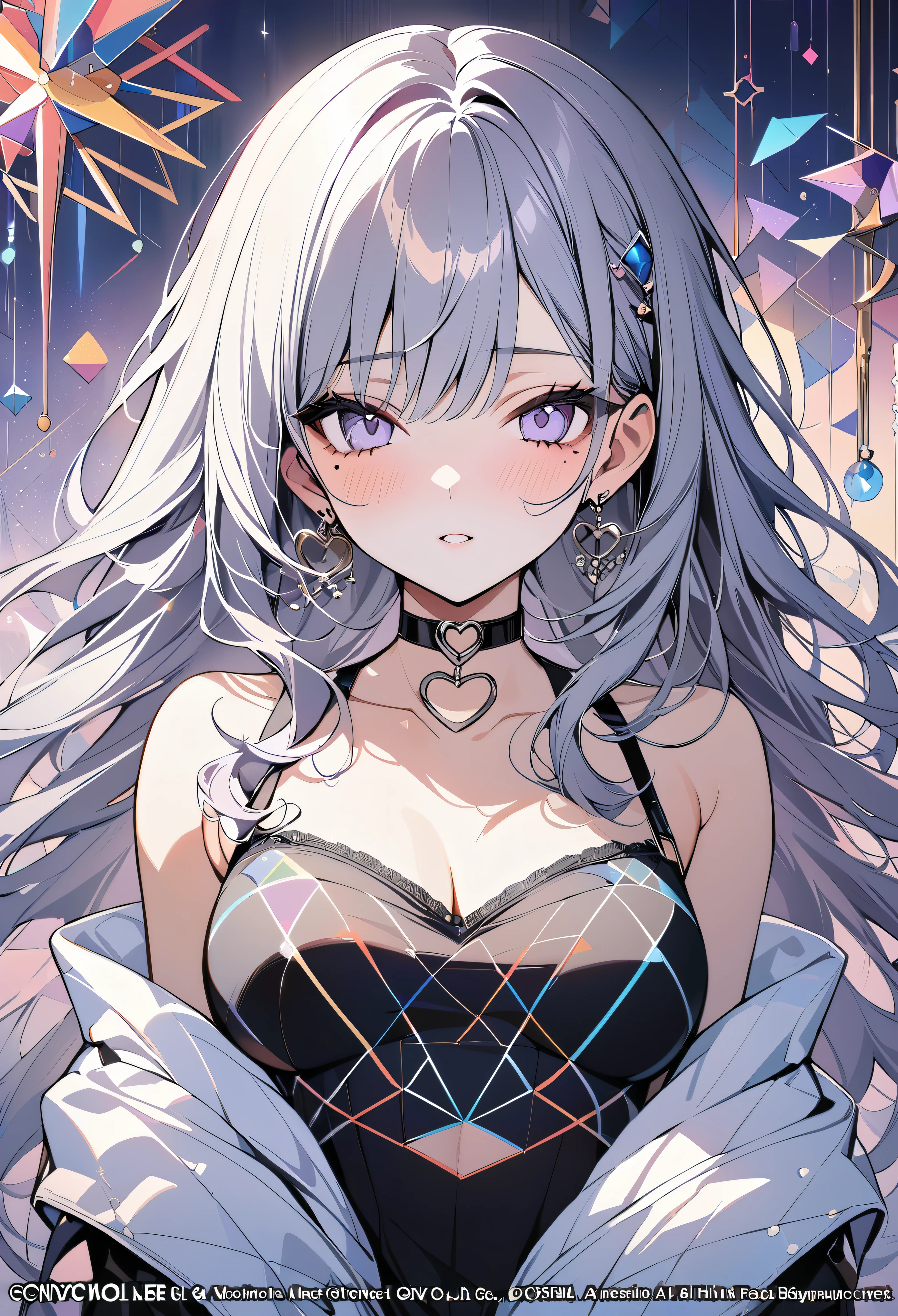 ,beautiful flower々),mole under eye, heart shaped choker, (masterpiece, highest quality), official art, beautiful and aesthetic: 1.2), (1 girl), very detailed, (geometry art: 1.3), colorful