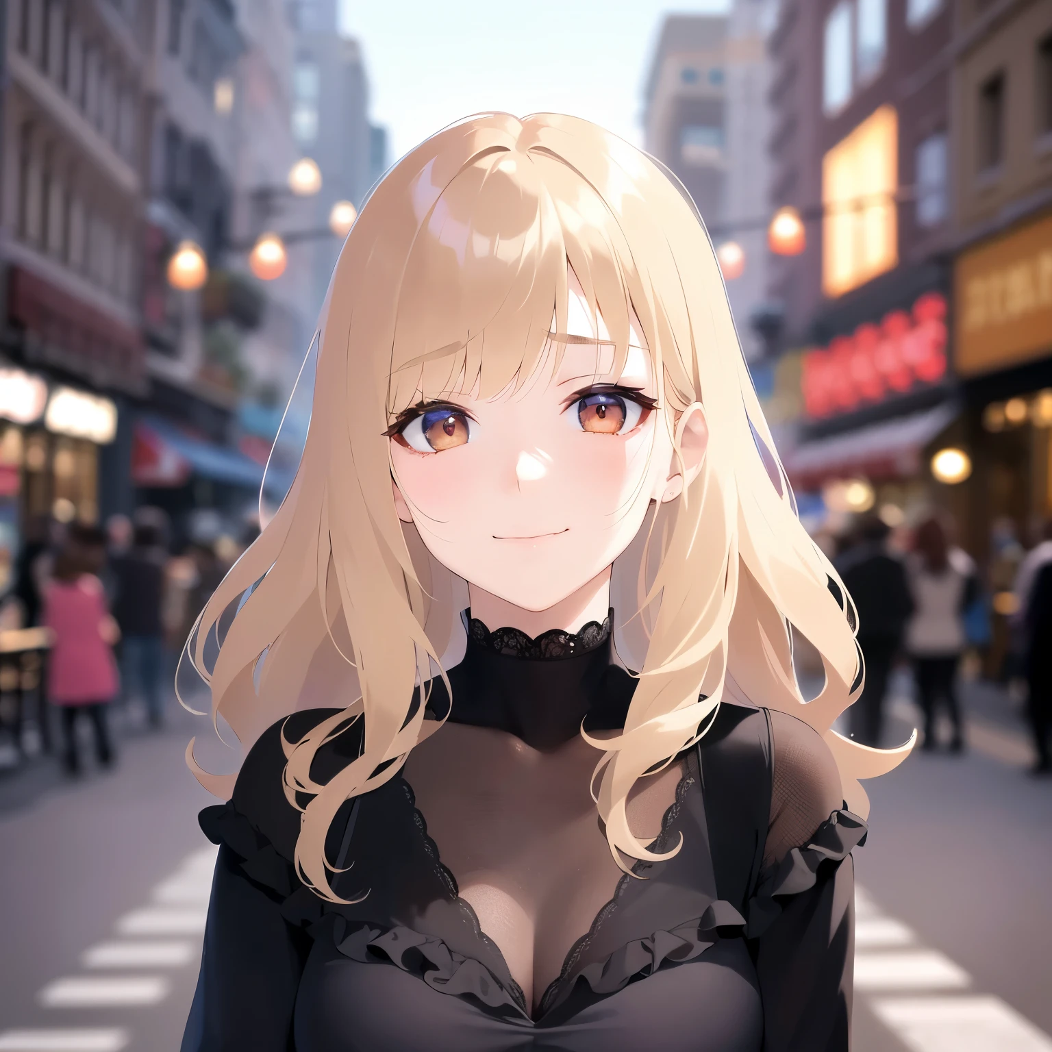 Shooting from an angle、 Upper Body, Realistic, real person, (pale skin: 1.2), RAW photo, photorealistic, portrait photography, shiny skin, japanese idol、shiny hair、(25 year old woman with medium hair with blonde bangs) and (wavy hair) and (orange eyes) , (sad smile:1.5), black off shoulder blouse、The background is a shopping street、Alone、Are standing、