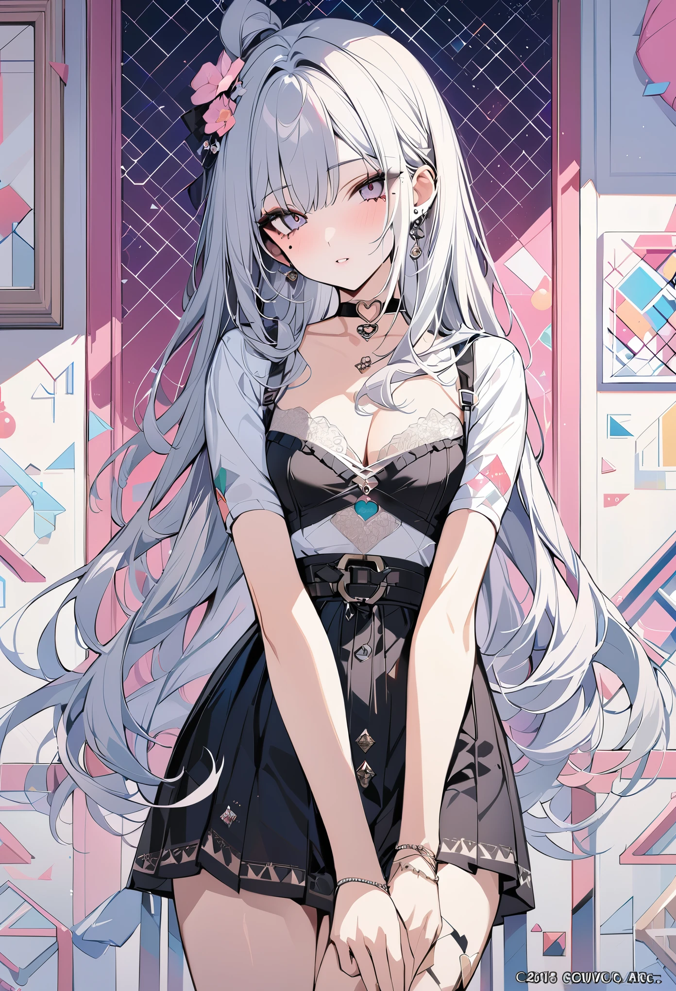,beautiful flower々),mole under eye, heart shaped choker, (masterpiece, highest quality), official art, beautiful and aesthetic: 1.2), (1 girl), very detailed, (geometry art: 1.3), colorful