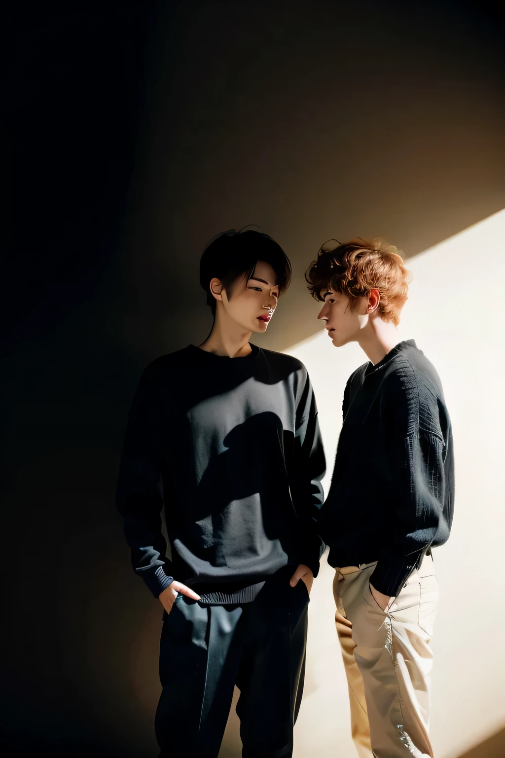 Pareja de un chico coreano con pelo naranja rizado, black sweater , with another Korean boy with medium black hair and a little taller than him, fondo negro 