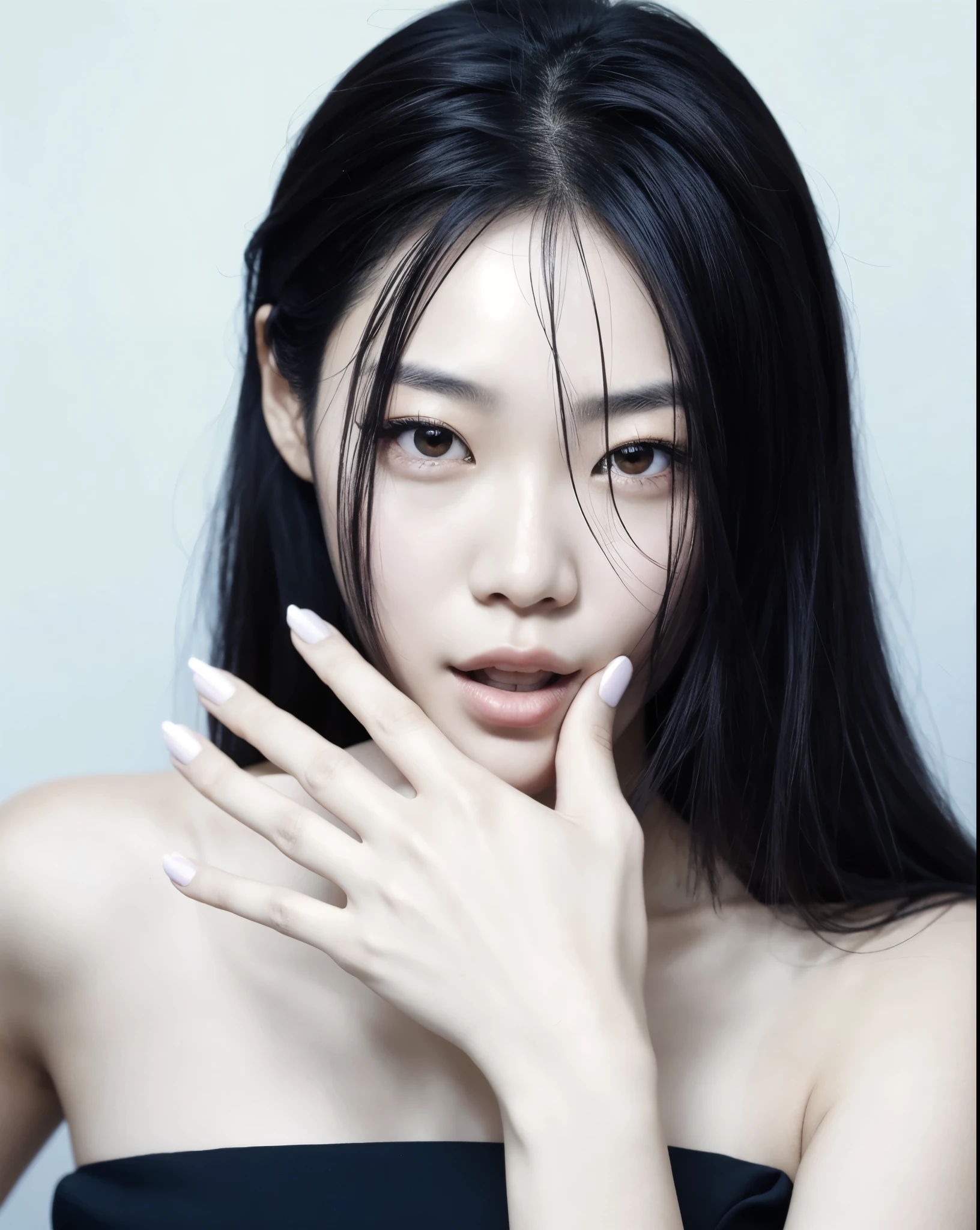 um close up de uma mulher com longos cabelos pretos e um vestido preto, jaeyeon nam, estacionar a partir de-min, Seseon Yoon, por Tadashi Nakayama, Heonhwa Choe, Kimi Takemura, masami suda, Lee Ji-eun, Lee Ji-eun, gongbi, taejune kim, Jinyoung Shin, no extra fingers
