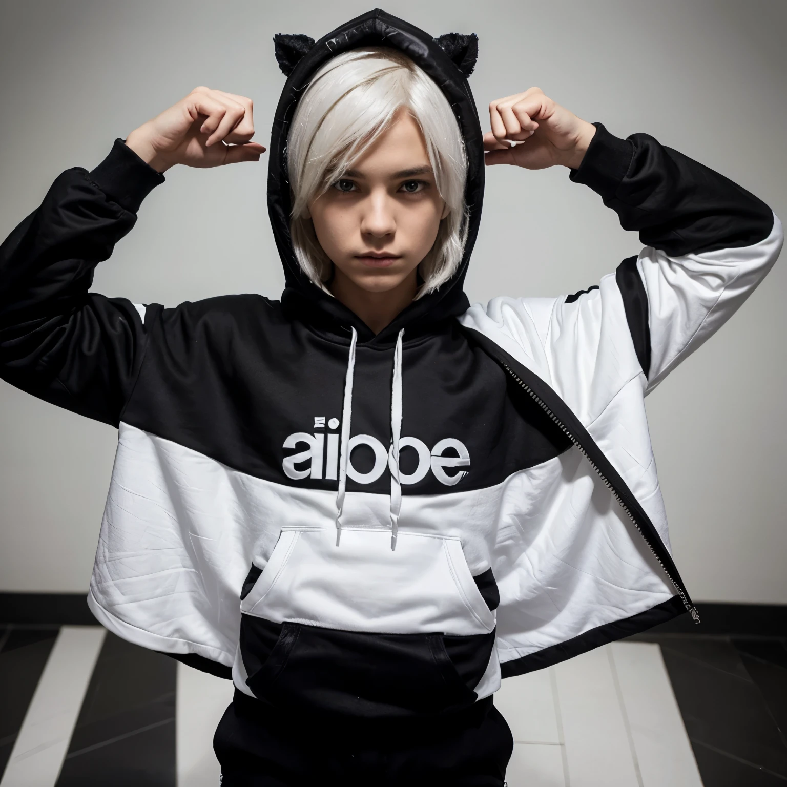 It's a boy and it's should have black full pants with white stripes on it and a black and white cool hoodie and the boy should written Amon it's back of it's hoodie and it should have white silky hair