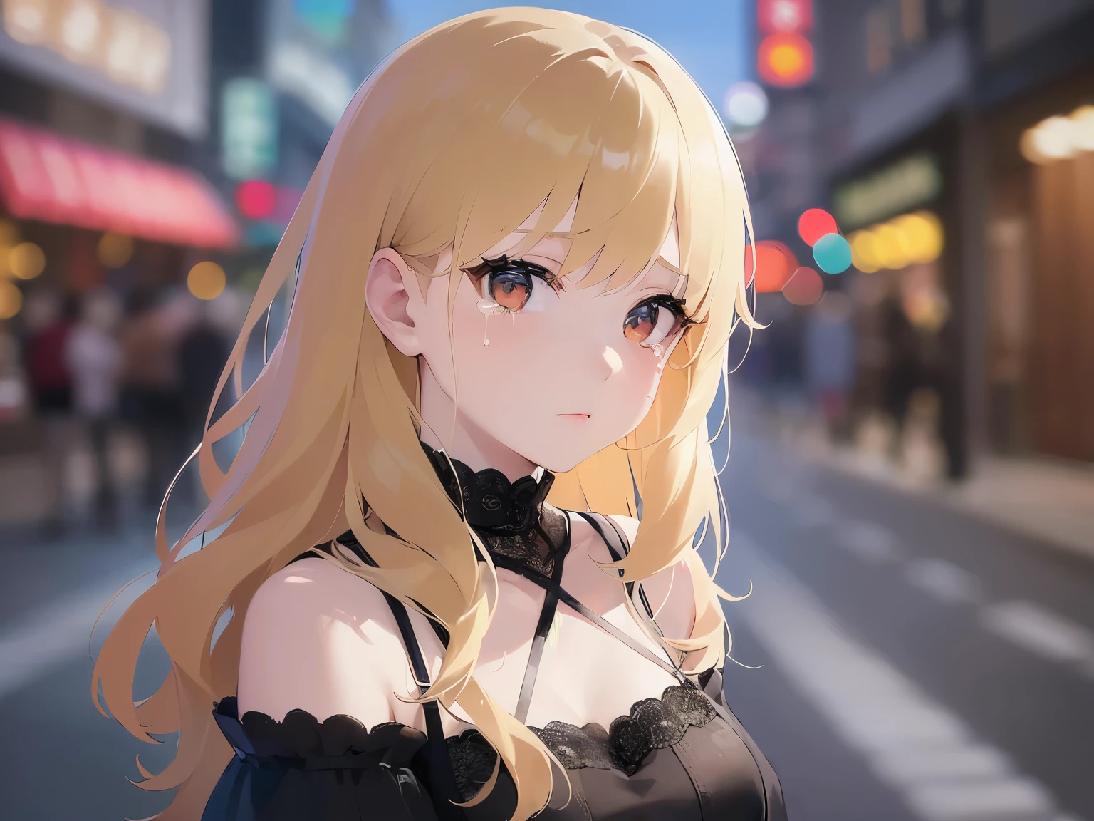 night, dark, shooting from above、looking up、 Upper Body, Realistic, real person, (pale skin: 1.2), RAW photo, photorealistic, portrait photography, shiny skin, japanese idol、shiny hair、(25 year old woman with medium hair with blonde bangs) and (wavy hair) and (orange eyes) , sad, (tears:1.1), black off shoulder blouse、The background is a shopping street、Alone、Are standing、