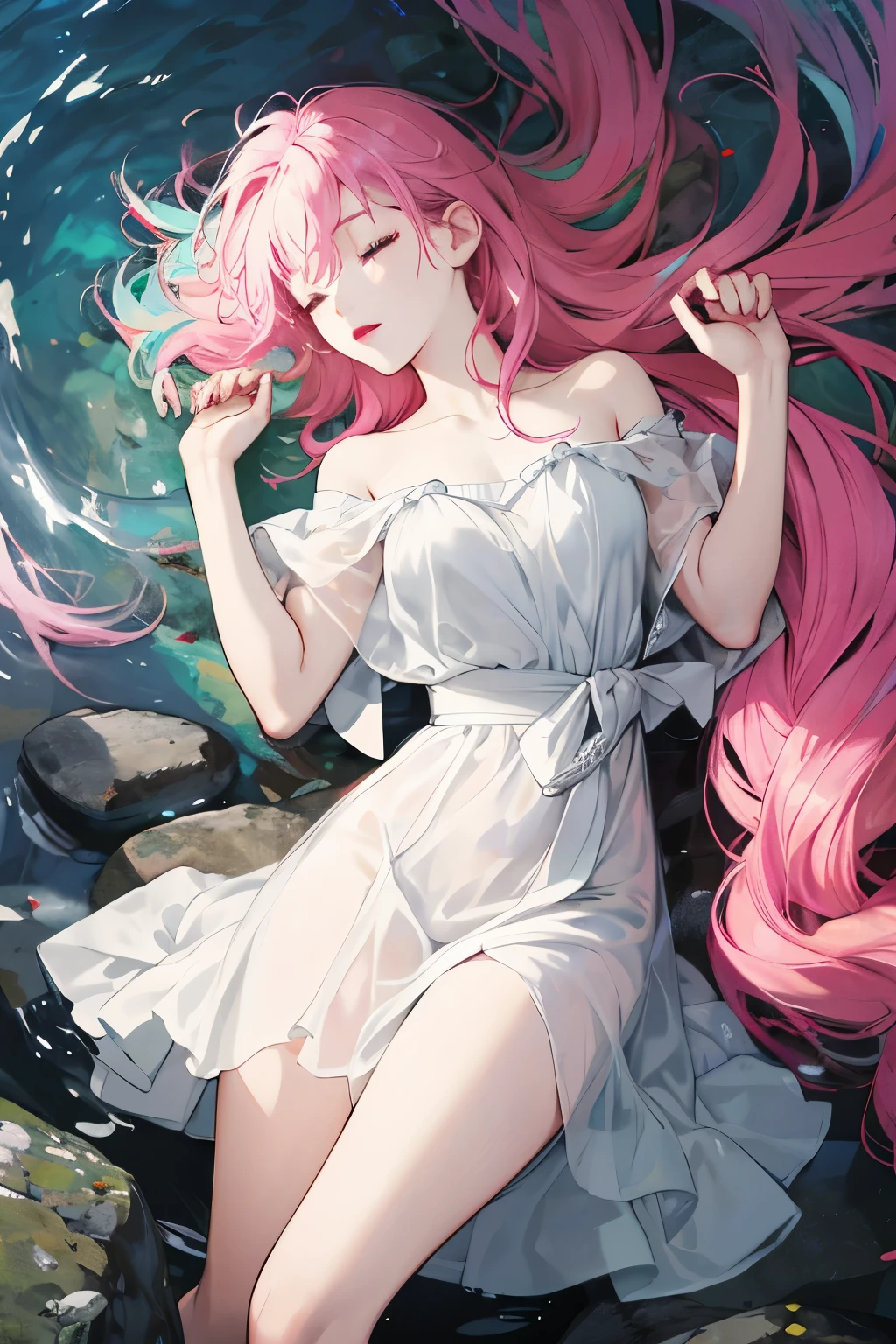 ((upscale,16k,Representative works:1.3)),(Beauty,,Sleep at the bottom of the sea,dark ocean landscape,white dress),Pink green,colorful,flowing hair,(high saturation),(colorful的飞溅),colorful的泡泡,(sparkling),Lying on a large rock