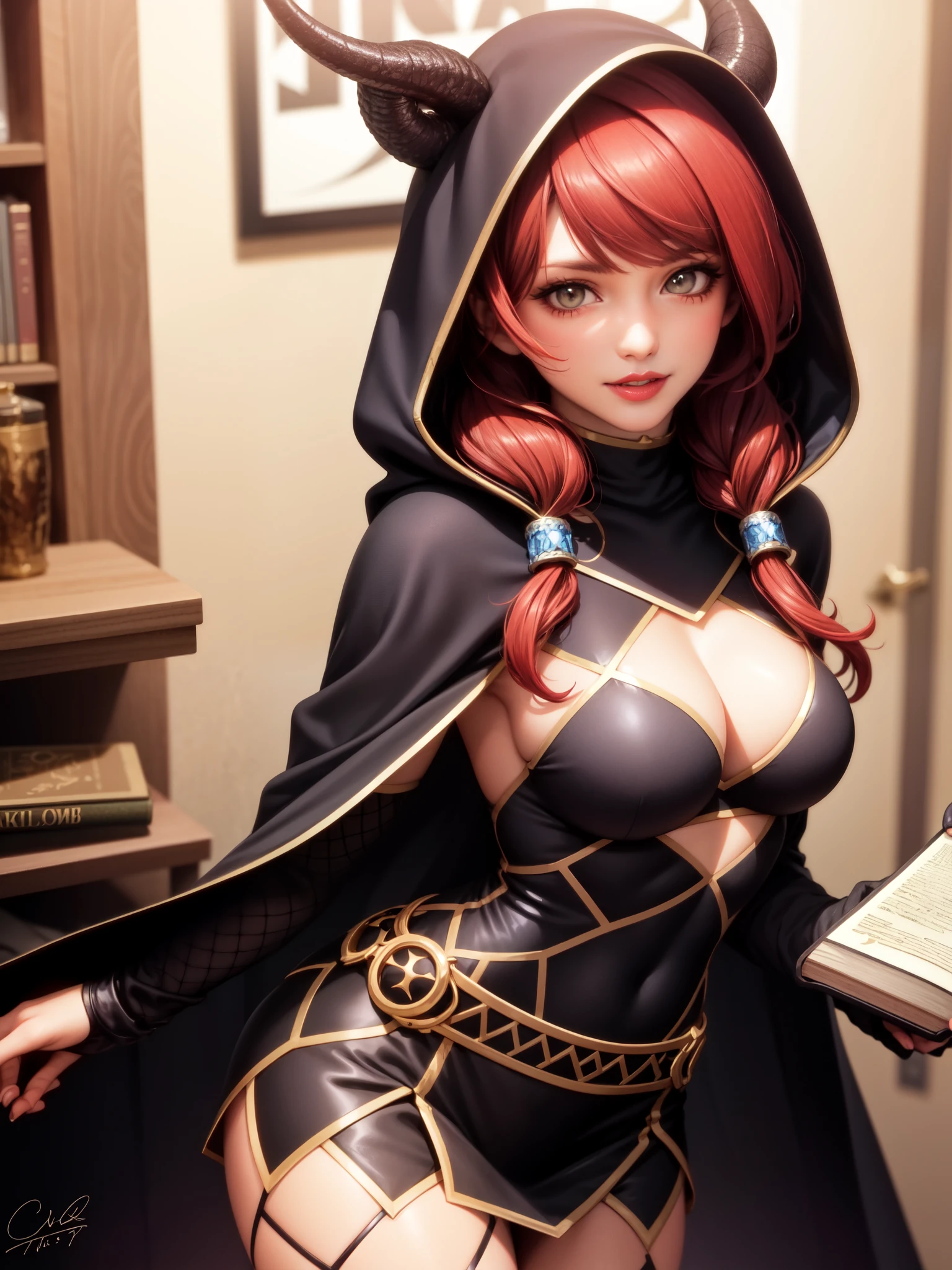 perfect eyes:1.2, detailed eyes:1.4, realistic:1.4, red hair, hair over shoulder, holding book, book, robe, cape, fringe, tentacles, argyle, checkered, clothing cutout, thighhighs, makeup, lipstick, hood up, cleavage, 1girl, solo, (masterpiece:1.6, best quality),
