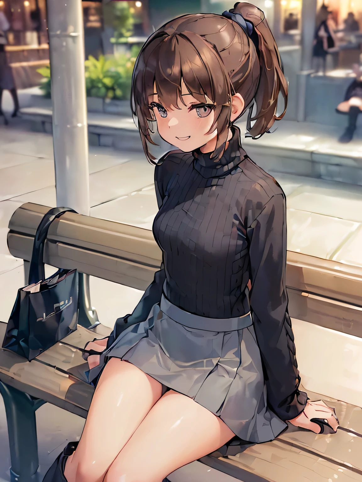 (masterpiece, highest quality, High resolution, realistic pictures, realistic skin:1.1),
(女性はShopping Mall Benchに座っている:1.8),
(she is sitting with her legs closed: 1.6),
(Please use the female panty shots facing the front.:1.8),
(grinning expression:1.5),
(I am wearing a navy long sleeve turtleneck knit.:1.8),
(she is wearing a gray flared miniskirt:1.8),
(she is wearing black clothes, middle boots:1.8),
(The pants are in bright colors:1.2),
(brown hair in a middle ponytail:1.5),
(small face:1.5),
(Location: Shopping Mall Bench:1.5),
1 Japanese girl, alone, Full-bodied Esbian, beautiful eyes, sparkling eyes, NSFW