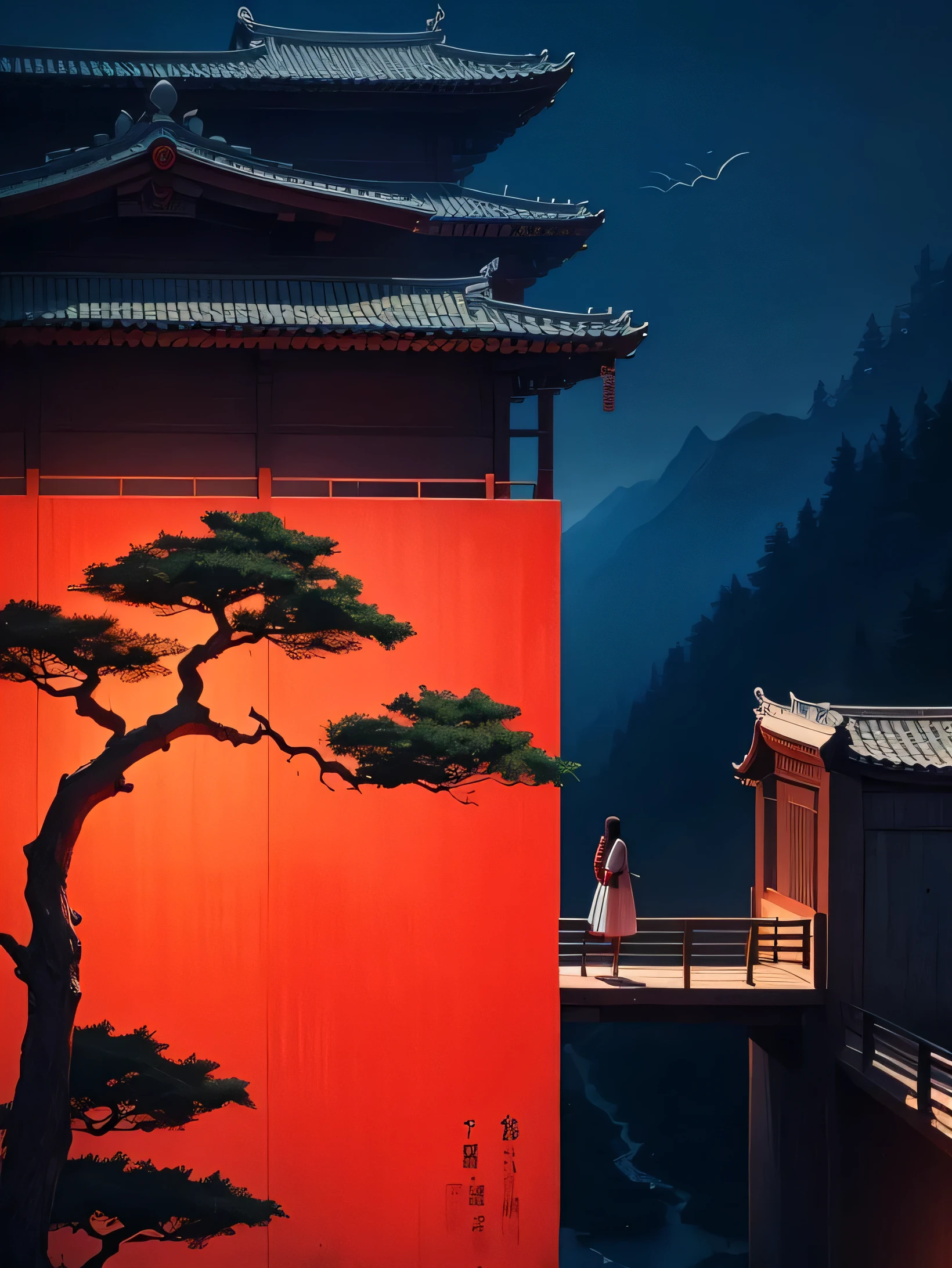 The painting depicts a woman standing on a bridge,There is a tree in front of the building, inspired by Fenghua Zhong, Inspired by Liu Jun, Inspired by Sun Kehong, Inspired by Lin Liang, Inspired by Chen Daofu, Inspired by Wang Shimin, Inspired by Wang Ximeng, inspired by sung choi, Chinese surrealism