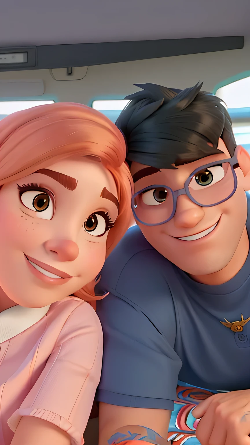 Casal (homem moreno e mulher branca) no estilo Disney Pixar, alta qualidade, melhor qualidade.