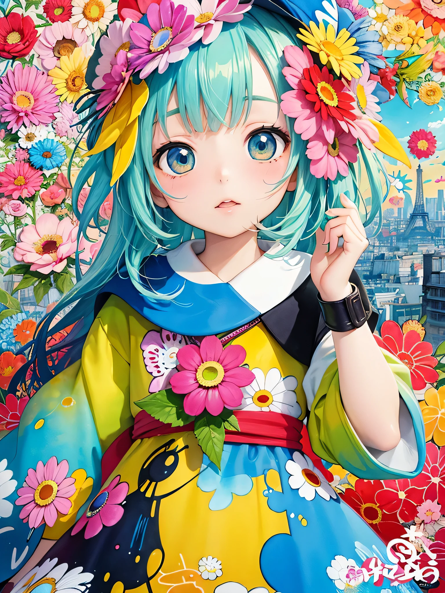 8K quality, Takashi murakami'illustration of, intense watercolor, watercolor detailed art, watercolor splash, surreal, avant-garde pop art, Beautiful and expressive paintings, 美しいアートワークillustration of, very colorful tones, wonderful, cool beauty, highest quality,official art, vector art,stylish design, (((most beautiful girl ever))), (((highest quality))), HDR, ((Detailed details)), (((graffiti art))), ((masterpiece))、((Super detailed))、(((colorful flowers)))、(((Paris cityscape)))