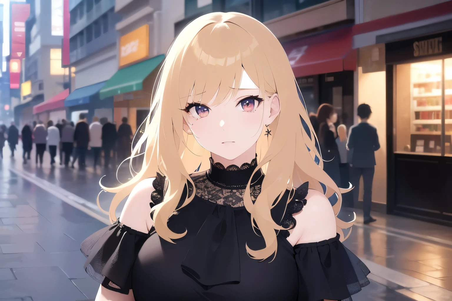 night, dark, shooting from above、looking up、 Upper Body, Realistic, real person, (pale skin: 1.2), RAW photo, photorealistic, portrait photography, shiny skin, japanese idol、shiny hair、(25 year old woman with medium hair with blonde bangs) and (wavy hair) and (orange eyes) , sad, (tears:1.1), She wears a black off-the-shoulder blouse、The background is a shopping street、Alone、Are standing、