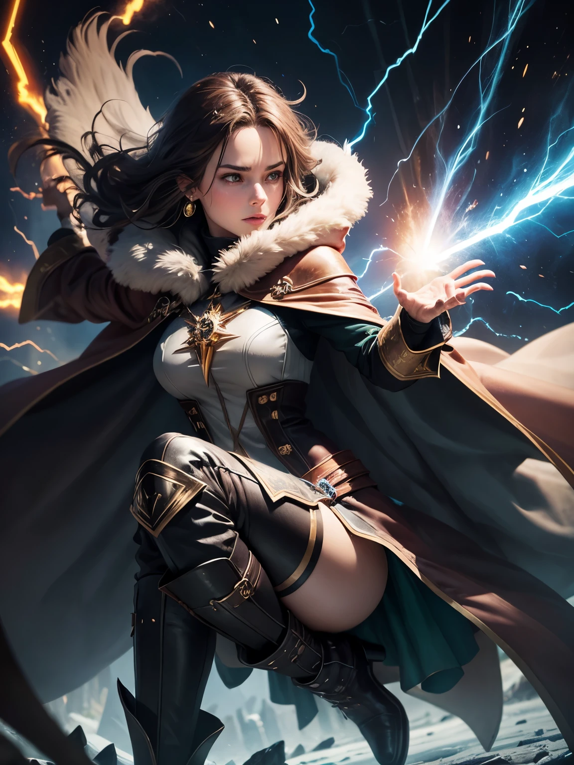 female wizard conjuring a magical lightning attack against the enemy, electric sparks hovering around her, female character, brown hair, wearing an animal skin coat, pompous cape, black cape, cold colors, green crystal earrings, a powerful wizard , calm countenance, brownish long pants, Eskimo boots, exploding energy everywhere, perfect hand, super detailed, eyes as black as onyx