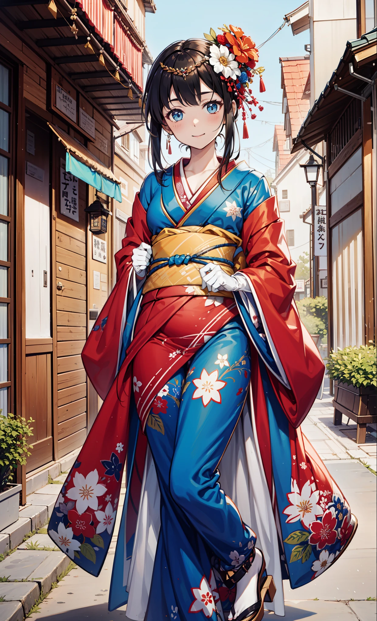 {{{{masterpiece}}}}， {{{super detailed}}}， {{{HD}}}， {{good anatomy}}， （（（best quality）））， （（Very delicate and beautiful））， {{Very detailed and refined}}， {8k CG壁纸}， {{Light}}， （floral pattern：1.1），There are many kinds of patterns that appear on clothes，（Color difference：1.2），(young god&#39;s face)， （Cute 16 year old girl：1）， having fun，obsessed，alone， Oiran， （japanese clothes,：1.2），black gloves，lace pantyhose，chest wrap， medium bust，night，电影Light，shine，Seductive pose，street background
