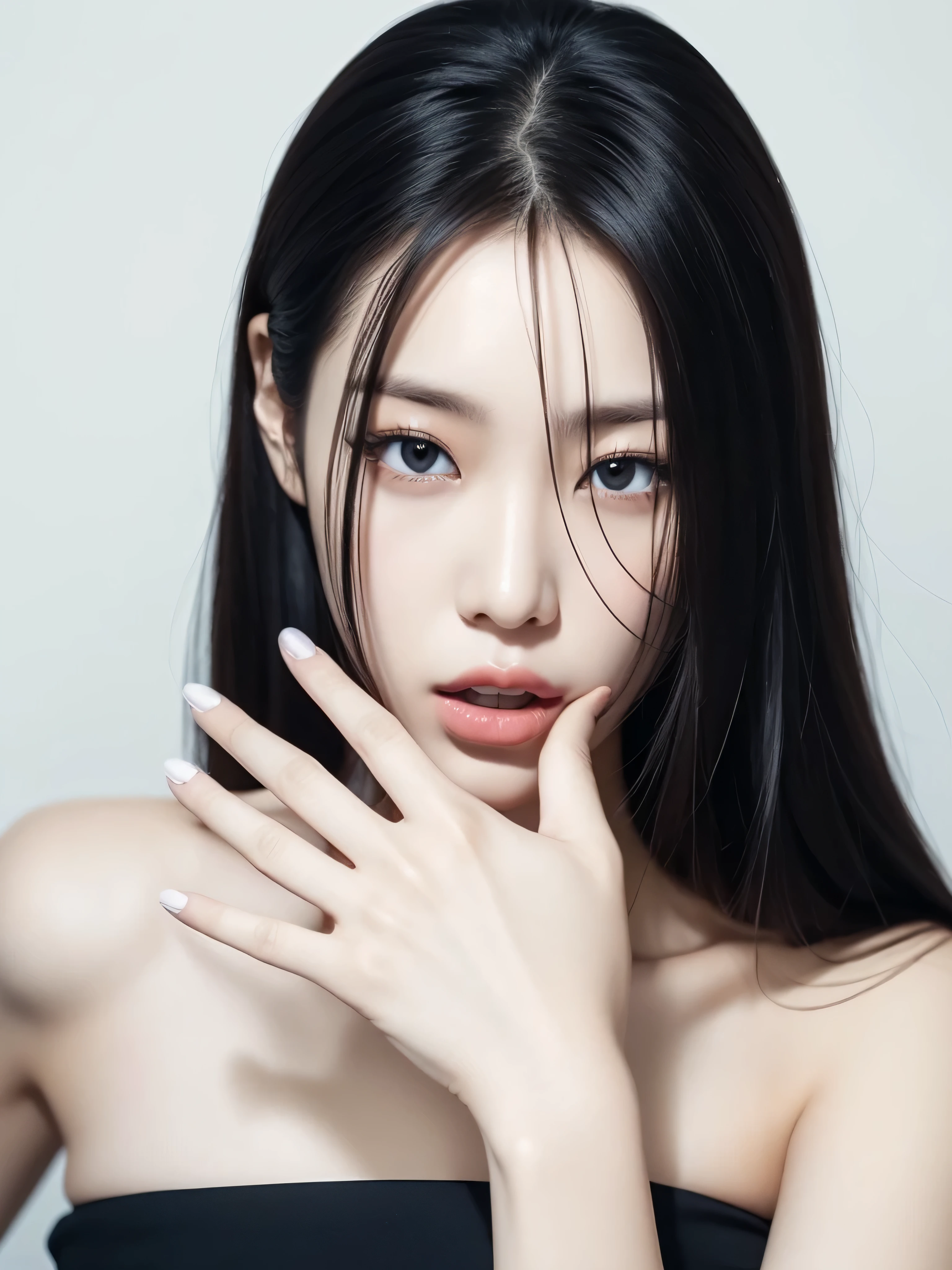 um close up de uma mulher com longos cabelos pretos e um vestido preto, Jinna Zhang, asian features, linda modelo chinesa, jaeyeon nam, pale milky white porcelain skin, Xision Wu, inspirado em Yanjun Cheng, sha xi, Yanjun Chengt, beautiful asian girl, Japanese model, wenfei you, gongbi, linda jovem coreana
