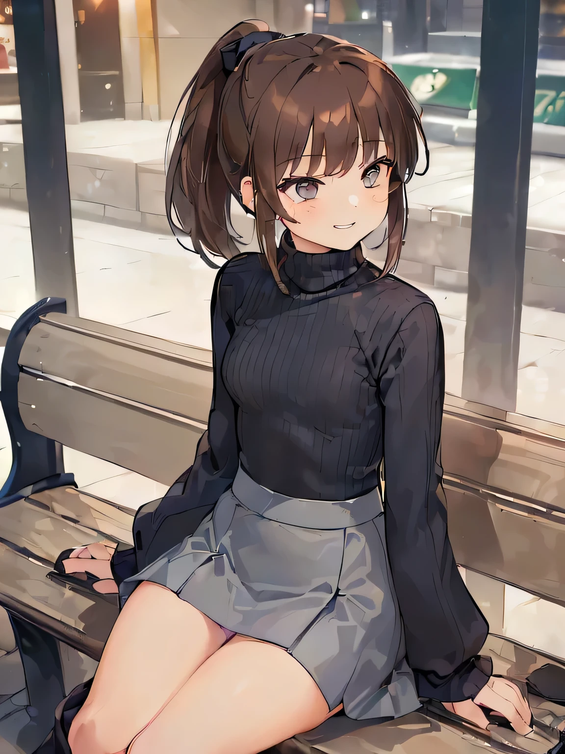 (masterpiece, highest quality, High resolution, realistic pictures, realistic skin:1.1),
(女性はShopping Mall Benchに座っている:1.8),
(she is sitting with her legs closed: 1.6),
(Please use the female panty shots facing the front.:1.8),
(grinning expression:1.5),
(I am wearing a navy long sleeve turtleneck knit.:1.8),
(she is wearing a gray flared miniskirt:1.8),
(she is wearing black clothes, middle boots:1.8),
(The pants are in bright colors:1.2),
(brown hair in a middle ponytail:1.5),
(small face:1.5),
(Location: Shopping Mall Bench:1.5),
1 Japanese girl, alone, Full-bodied Esbian, beautiful eyes, sparkling eyes, NSFW