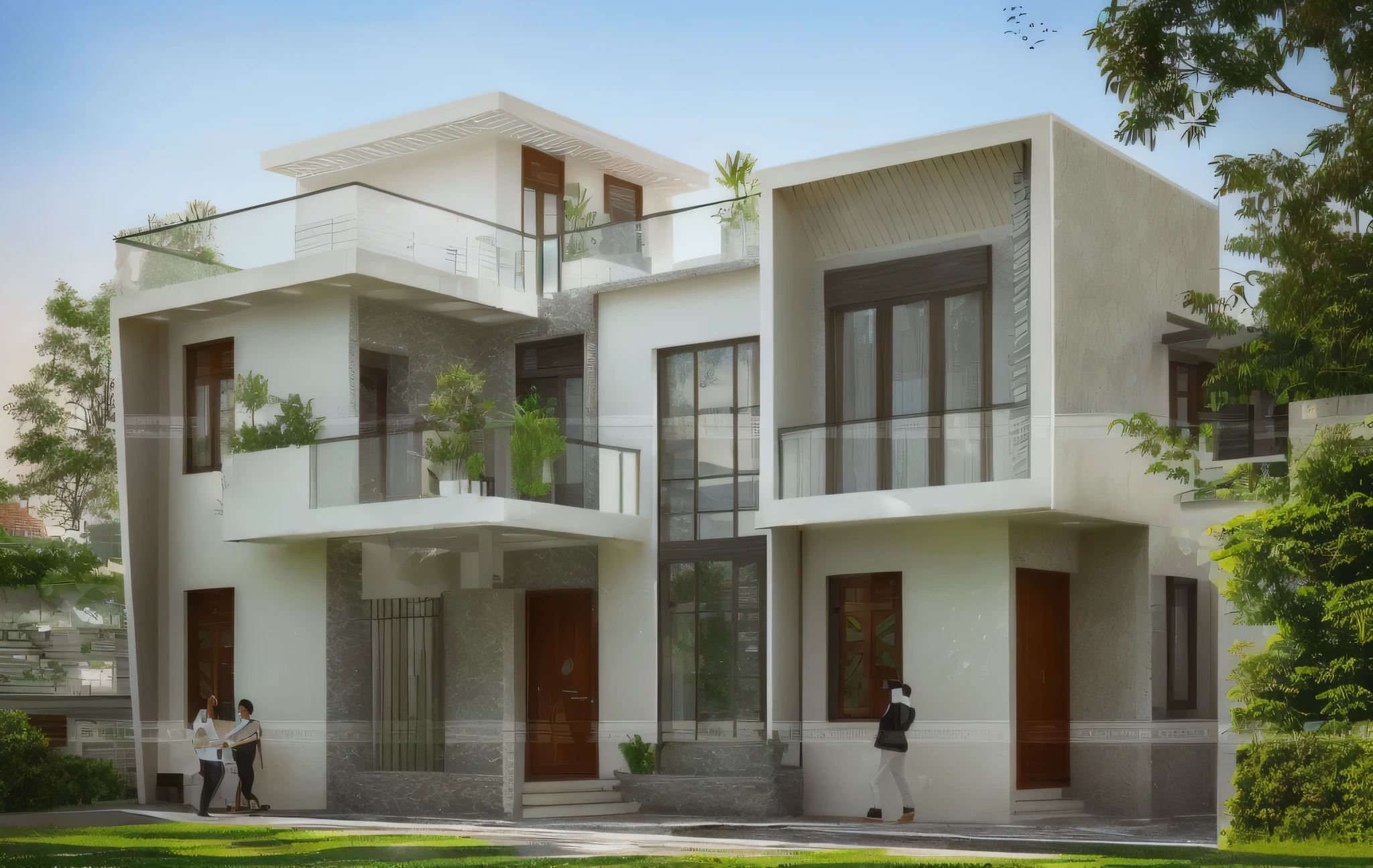 vietnamse countryside house exterior design with white walls, wooden windows and roof tiles, concrete floor, garden area, cacti plants. The building has an open balcony terrace for relaxation or socializing during the day. Modern architecture concept, exterior photography of a home exterior, architectural project, real photo      (luxury home),(upscale design),(prestigious location:1.5),(District 7),(Ho Chi Minh City),(contemporary villa),(modern amenities),(elegant),(refined),(comfortable),(bright),(spacious)