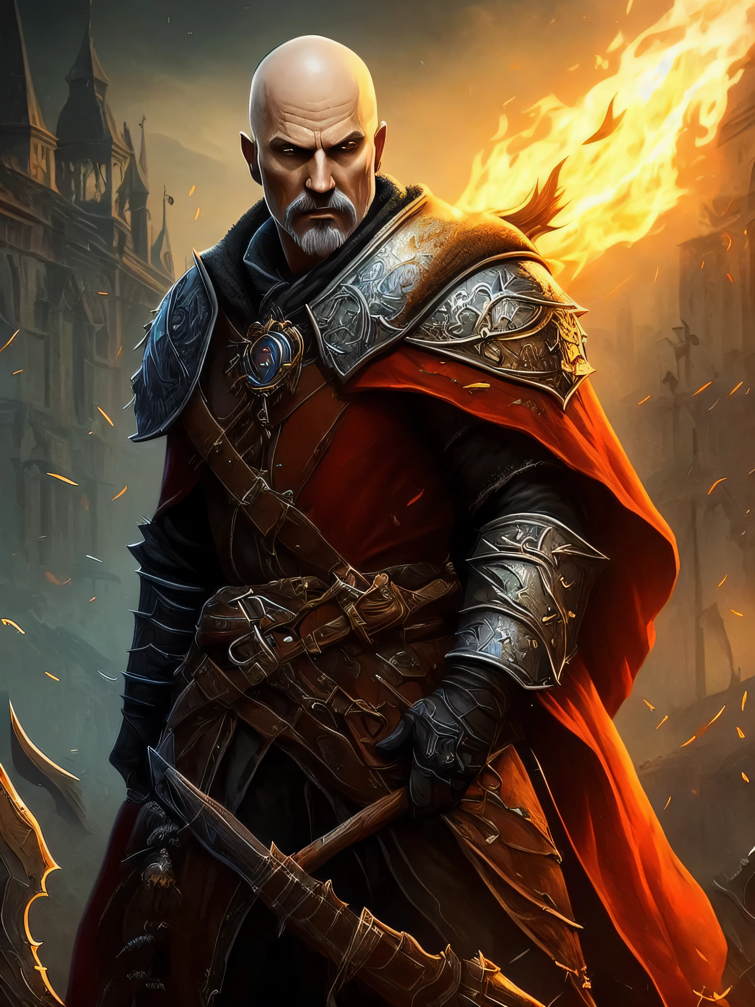 homem sem cabelo. com barba. With nerdy glasses. Com armadura medieval com detalhes em ossos e caveiras. No estilo realista. In a hellish setting in the style of Blizzard&#39;s Diablo games. With a predominance of red colors. With demons in the background of the art.