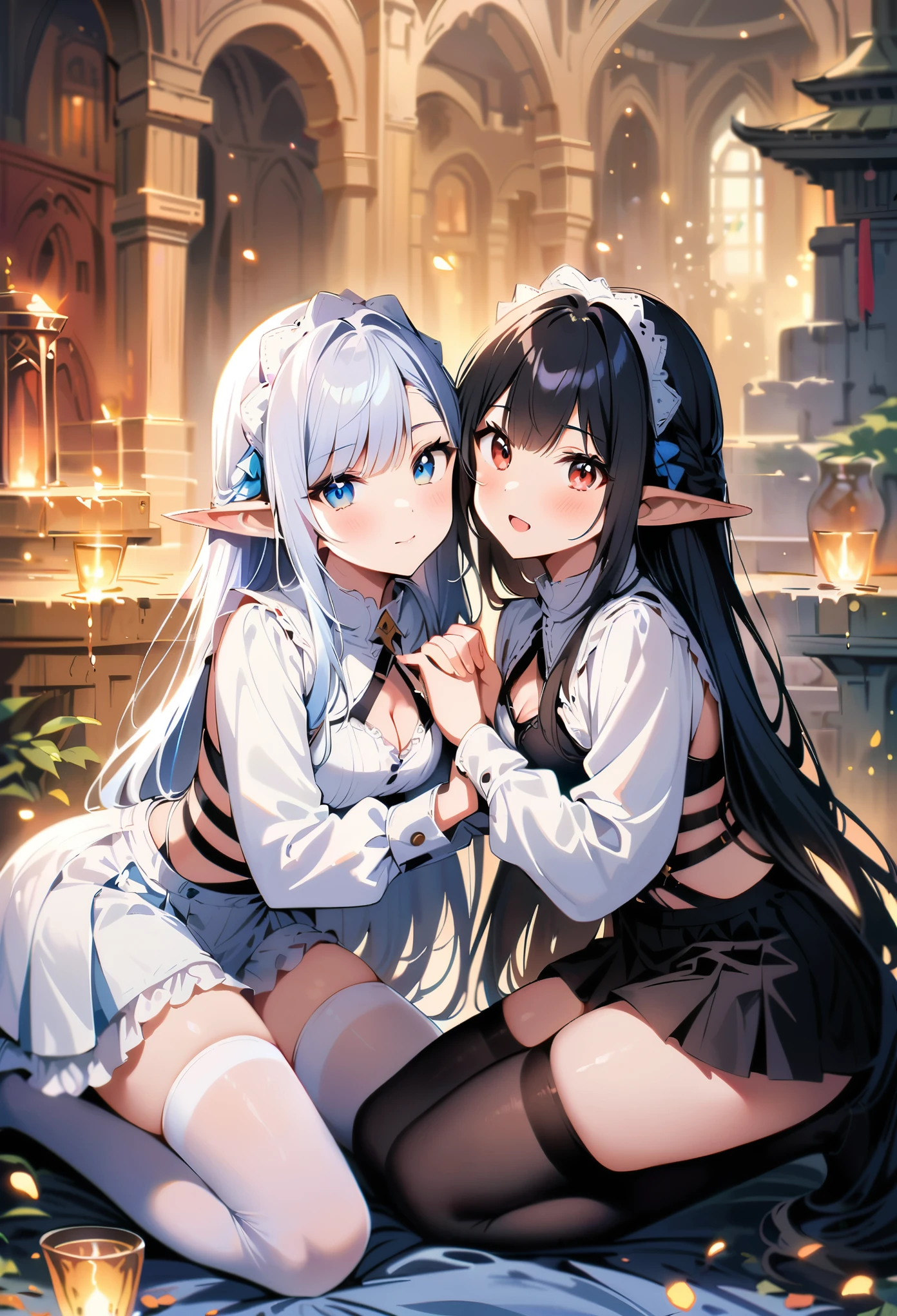 Dark Elf, 2girls, pointy ears, thighhighs, long hair, kneeling, black hair, looking at viewer, white hair, magic movie scene,fantasy,25yo