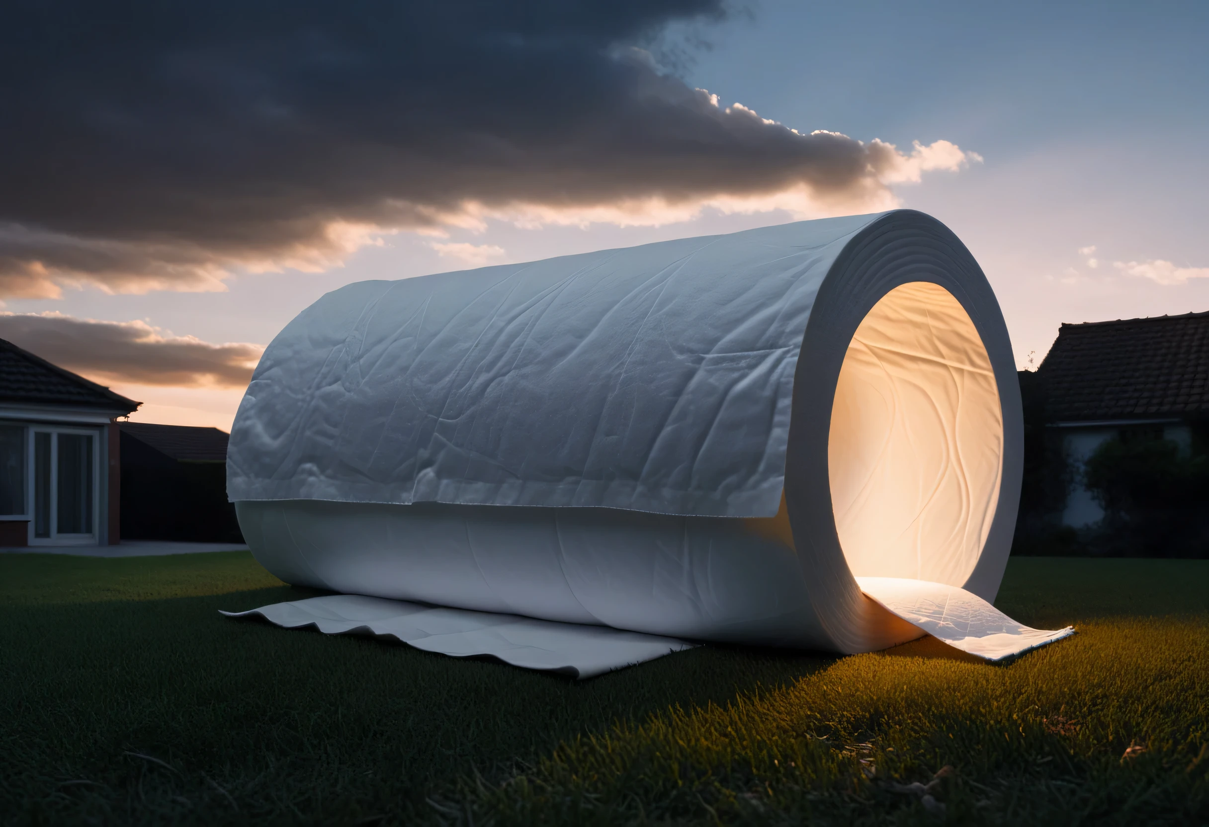 Photo of a house (a house:0.5) from outside that resembles (a toilet roll:1.5), cinematic, movie still, dramatic lighting, keylighting