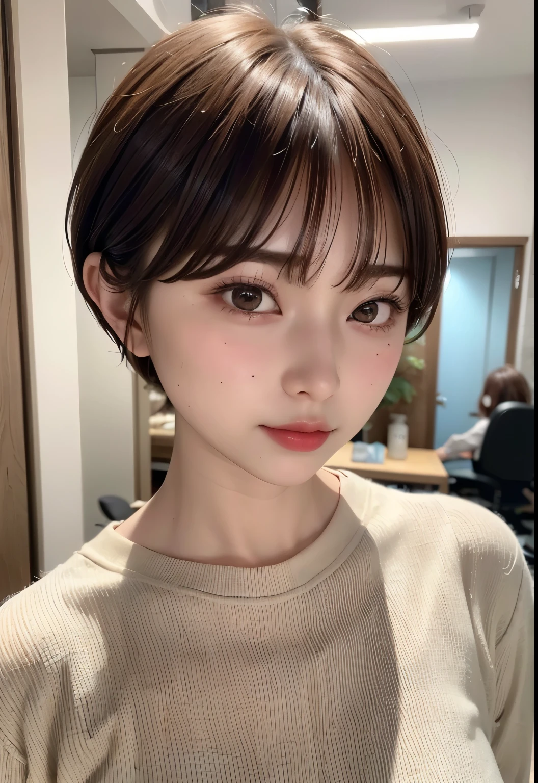 ((highest quality))、(masterpiece:1.4)、Raw photo、8K、((best image quality))、 ((High resolution))、Beautiful face in every detail、realistic human skin、gentle expression、(one woman:1.3 )、realistic、Photoreal、(short hair)、(Beautiful woman)、(cute japanese girl)、(boyish:1.3)、(mannish)、((Beautiful woman))、(beautiful hair)、((dark brown hair))、(((red cheeks)))、((her eyes are big))、20 year old beauty、(small face)、small head、((long neck))、(haircut model)、beauty salon、Hair set、[big breasts]