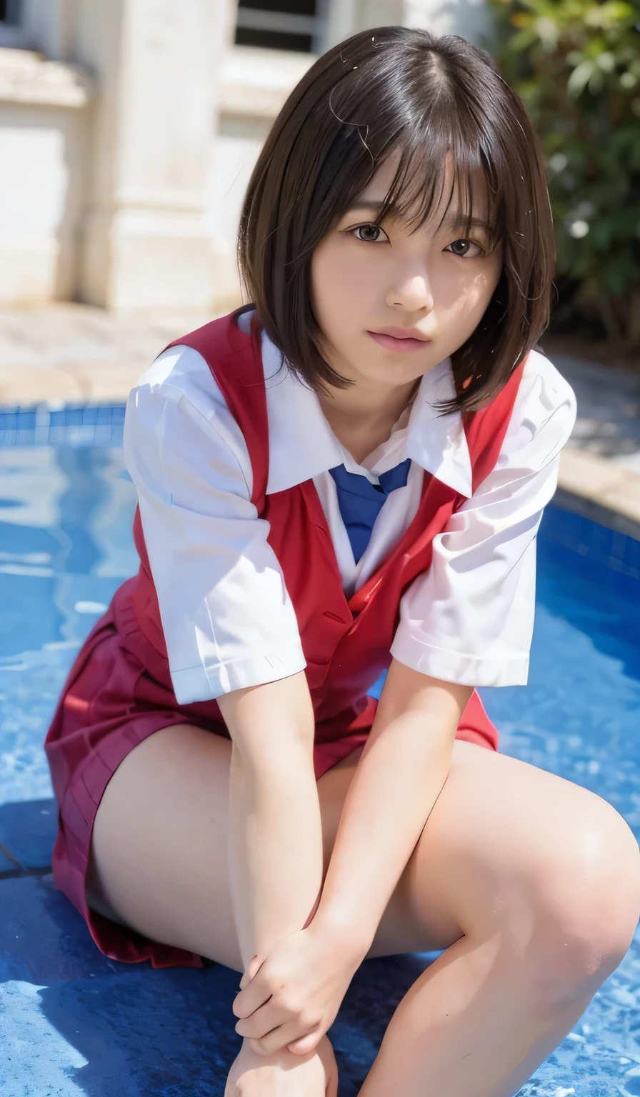 (flat chest:1.3), straight hair, 1 girl, beautiful, cute, professional lighting, highest quality, (well-groomed face:1.5),beautiful woman, (school uniform:1.5), beautiful, (short hair:1.3), beautiful feet,pool