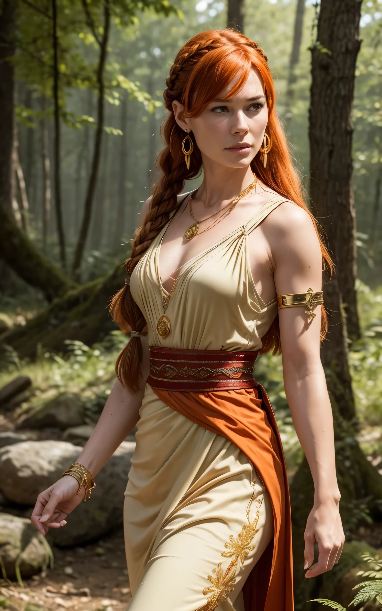 Flamme, (young Lena Headey:Evangeline Lilly), A 35-year-old woman with orange hair, green eyes, sideburns, one large braid, a gold necklace with a ruby pendant, dressed in a white Greek tunic and Roman sandals, with gold bracelets on her arms, forest in the background, masterpiece, hyperdetailed,((1girl)) ,bangs,braided ponytail,single braid,orange hair,very long hair,sidelocks,red earrings,hair over one eye,

