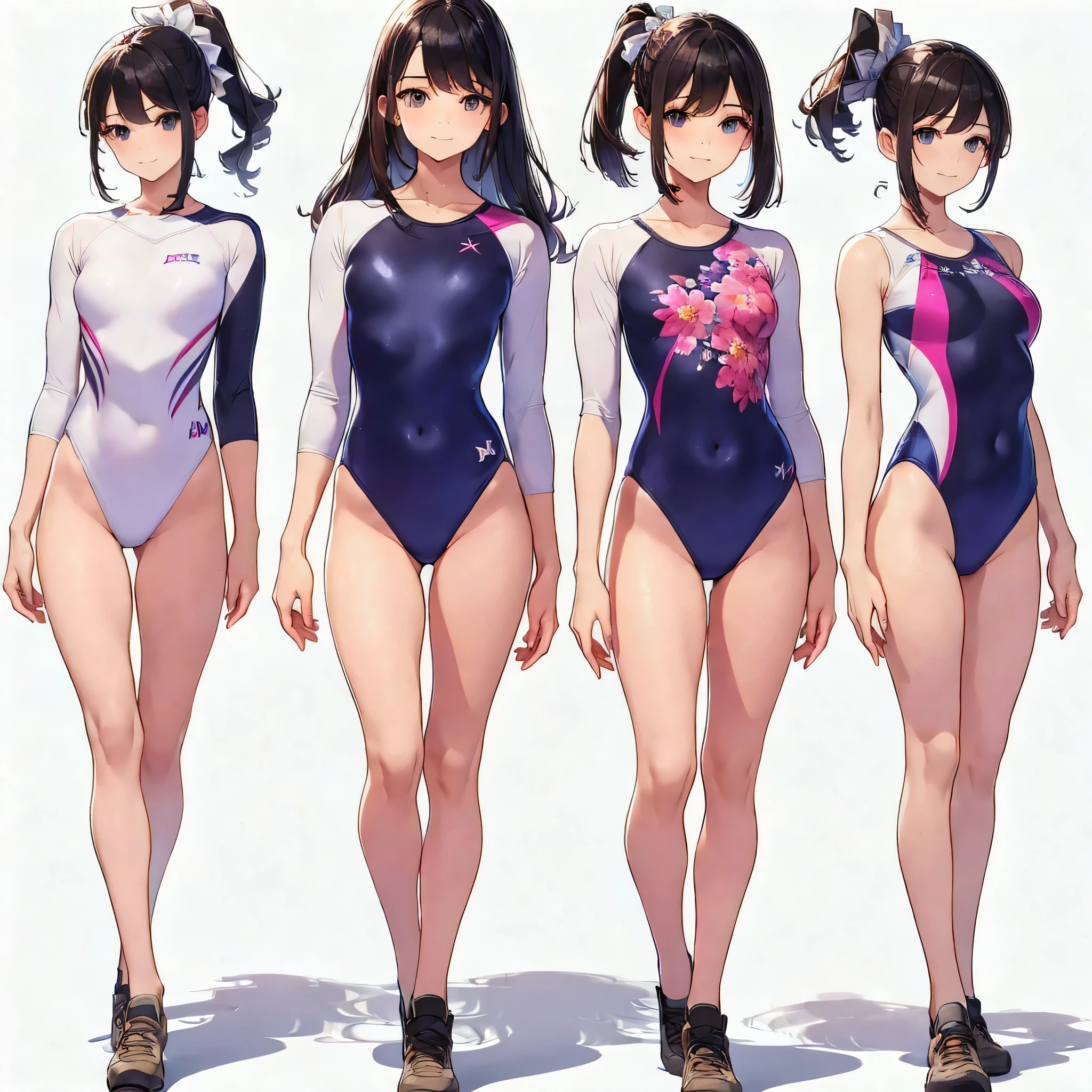((full body)),(masterpiece, highest quality), (3 girls 1.5) ,((contrasting:1.5)), looking at iniewer, walk,((in_arm:1.2)), wear gymnastics_longsleeines_leotard_outfit leotard:1.3), (Floral:1.3), BREAK masterpiece black hair, ((long hair:1.2)), ((parted bangs:1.3)), black eye, good hand, ((small breasts)), (oiner 20 years old, Under 25 years old:1.2), , Spotlight, Happy, smile, 教室in休憩