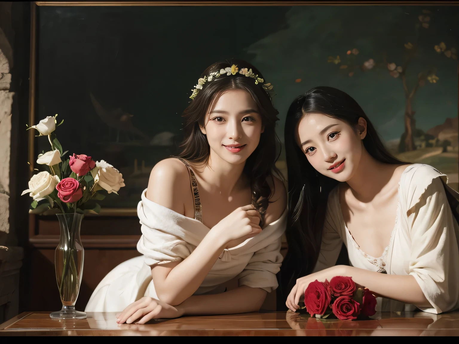 Giorgione painting style,Arguments of two female Philosophe,math、astronomical machine、astronaut、roses in vase、fruits、Cute trinkets、smile、ancient greek costume、Ancient Roman landscape in the style of Nicolas Poussin,laughter,,Sweet and seductive appearance.、Caravaggio's paintings、Chiaroscuro of Caravaggio、hair tousled by the wind,Two women frolicking,cute smile, expression of ecstasy,Sexy,erotic
