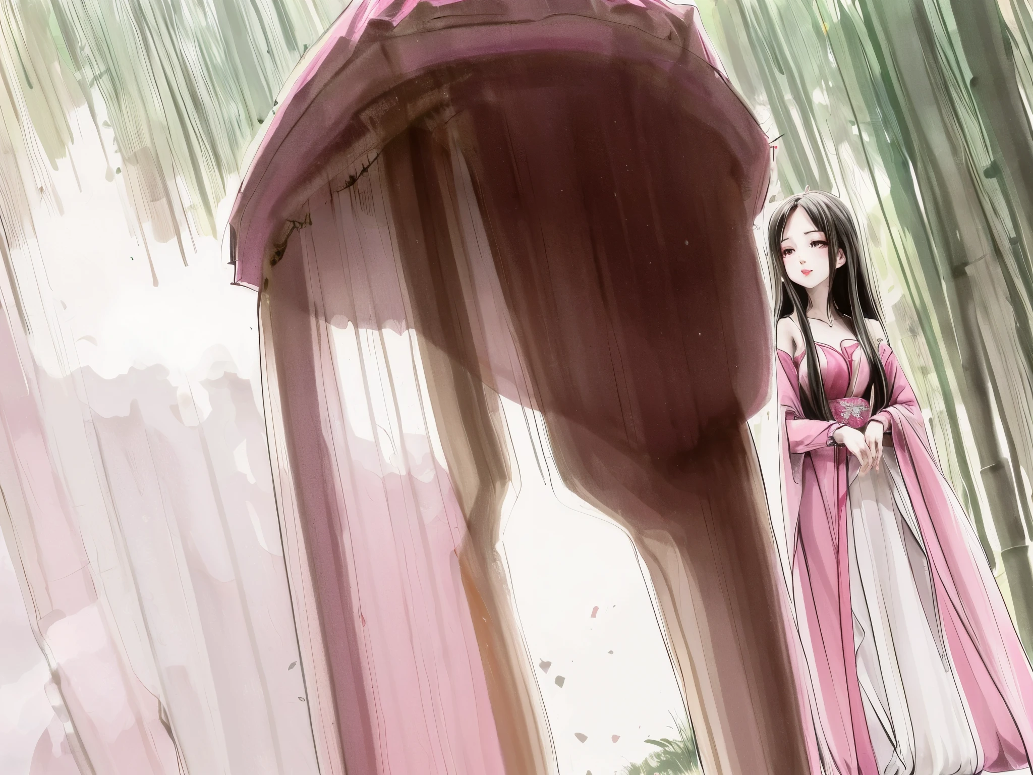 (Masterpiece, best quality: 1.1), Ultra-high definition, photorealistic: 1.5, 1 woman, hot pink dress: 1.3, standing in a clearing, surrounded by tall, emerald-green bamboo stalks, (long, dark hair: 1.2), smiling directly at the camera: 1.4, (E Expressive eyes: 1.2), radiating joy and serenity.

(White and natural theme: 1.2), (Fashion, natural setting: 1.3), (Hot pink dress: 1.3), flowy and elegant, harmonizing with the natural backdrop, Narrow