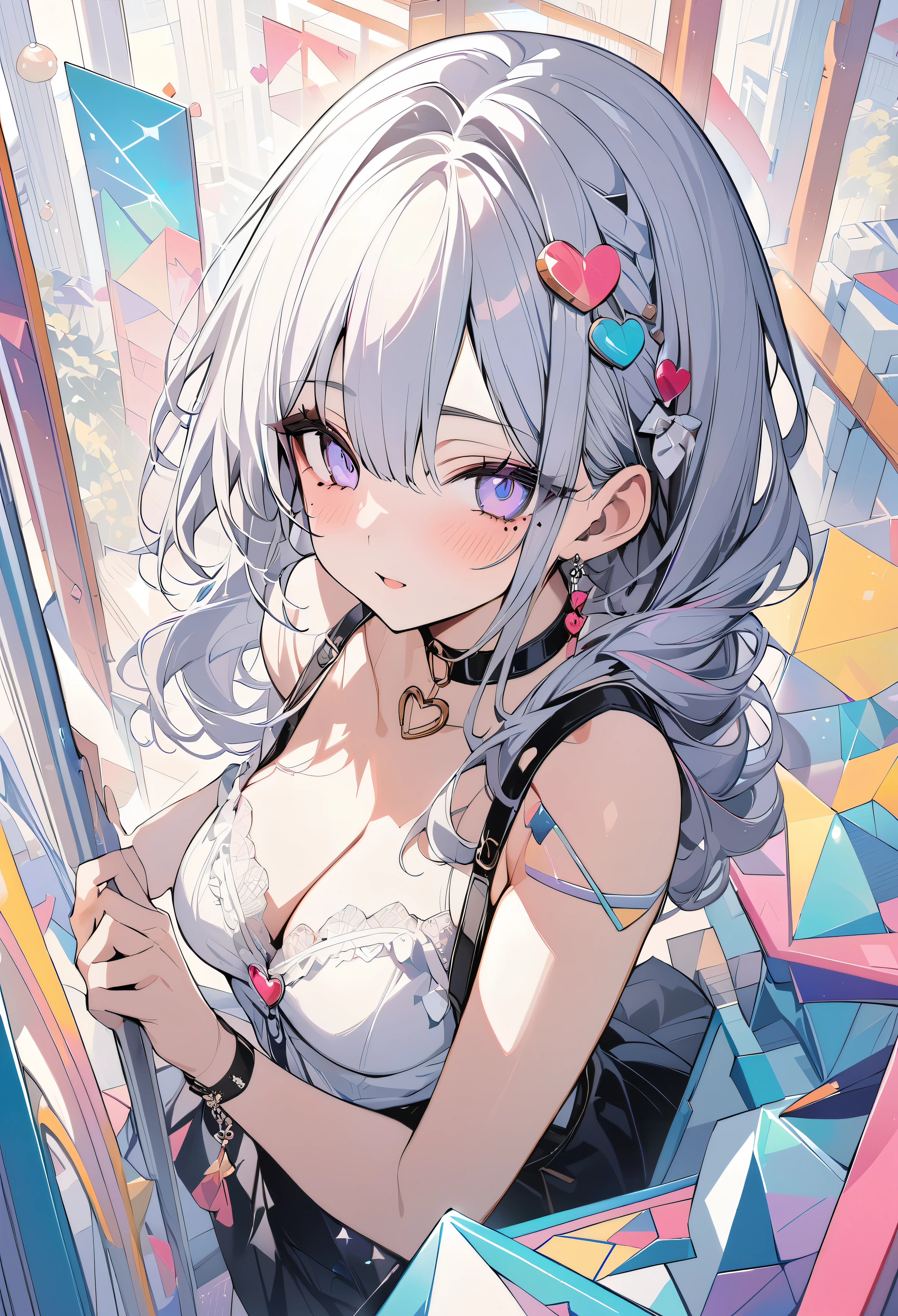 ,beautiful flower々）,mole under eye, heart shaped choker, (masterpiece, highest quality), official art, beautiful and aesthetic: 1.2), (1 girl), very detailed, (geometry art: 1.3), colorful