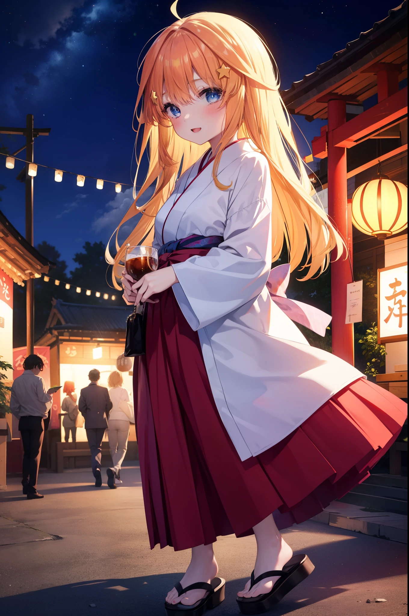 itsukinakano, itsuki nakano, bangs, blue eyes, hair between eyes, Ahoge, redhead, star \(symbol\), hair ornaments, star hair ornaments,Akabu's glasses,smile,blush,happy atmosphere,open your mouth,long hair,tie your hair back,red yukata,long skirt,firework,Zori sandals,Girl in yukata with cotton candy at festival,japanese festival,summer festival stalls,red lantern,night,So that the whole body is included in the illustration, look up,
break outdoors, shrine,
break (masterpiece:1.2), highest quality, High resolution, unity 8k wallpaper, (shape:0.8), (fine and beautiful eyes:1.6), highly detailed face, perfect lighting, Very detailed CG, (perfect hands, perfect anatomy),
