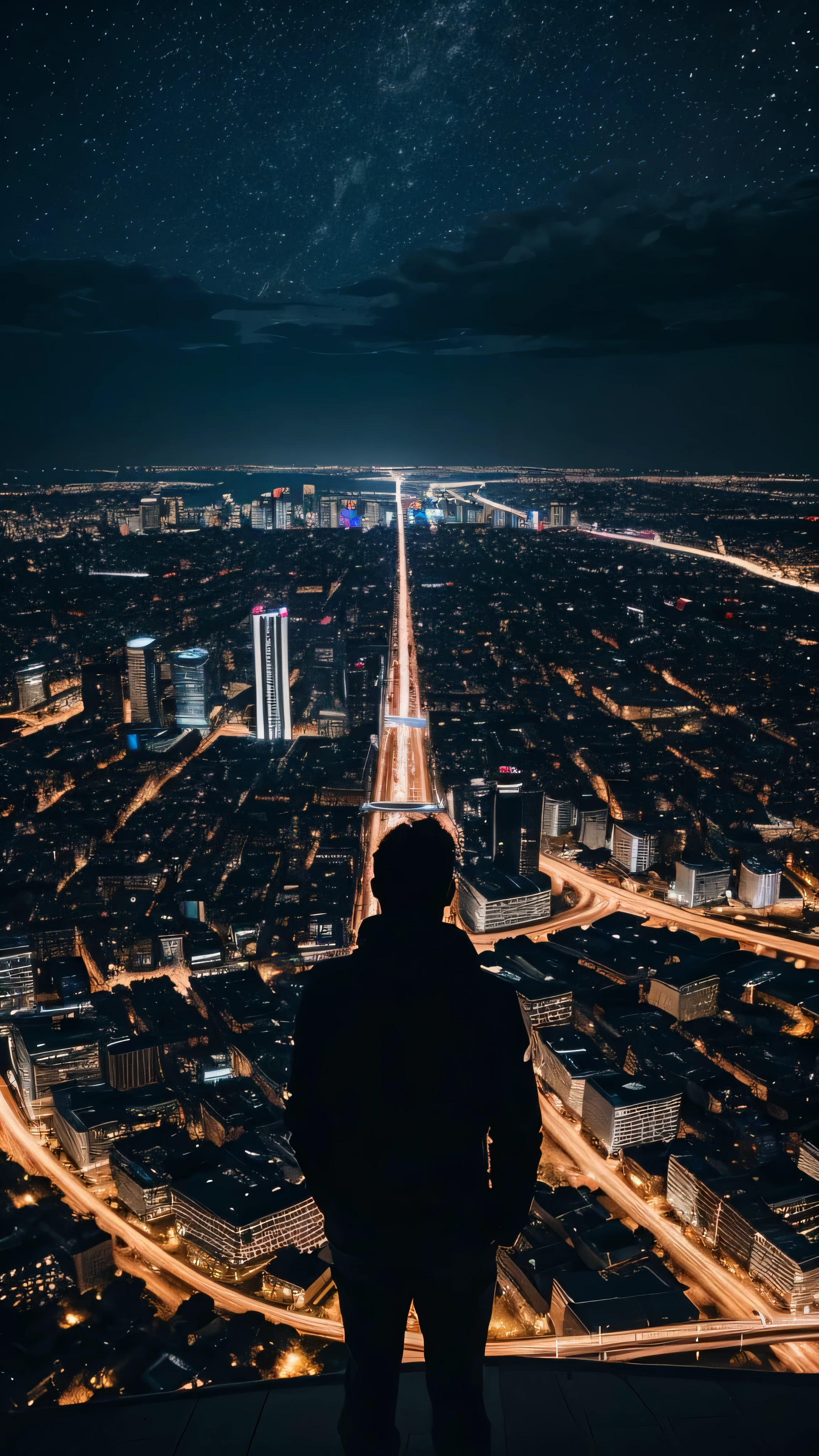 (best quality:1.4),(best result:1.4),(Super clear picture quality:1.4),(Super clear details:1.2),City night scene without lights,power source(detect)fail,City silhouette under night sky,beautiful night sky,dim,no lights, Just starlight,Looking up at the night sky from a tall building in the city,Standing on the road and looking up at the night sky