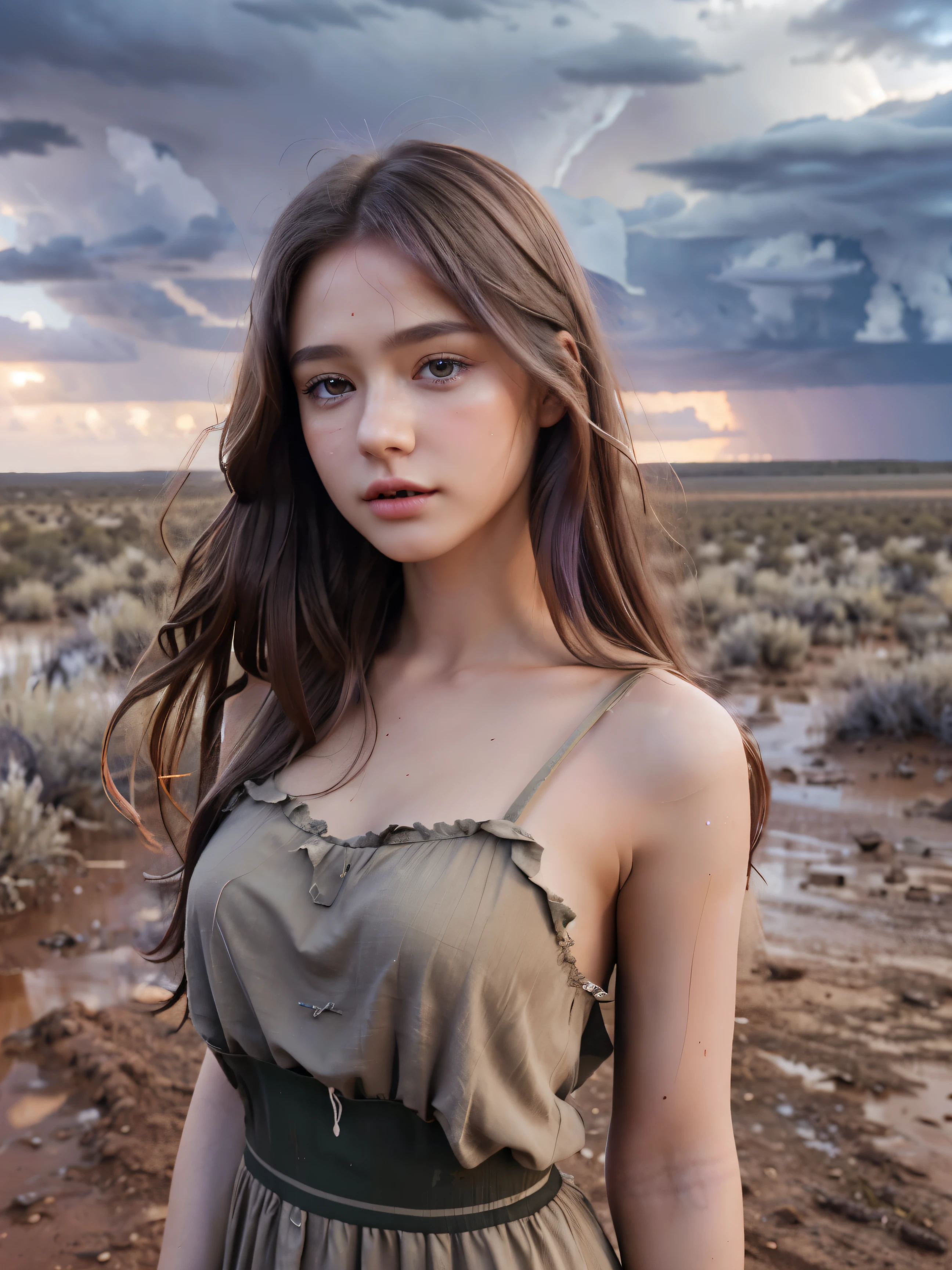 (4k), (highest quality), (best details), (realistic), A thunderstorm is approaching、Beautiful French girl in a dirty and torn khaki dress、purple long hair、Near Ayers Rock、There'There's mud on my face