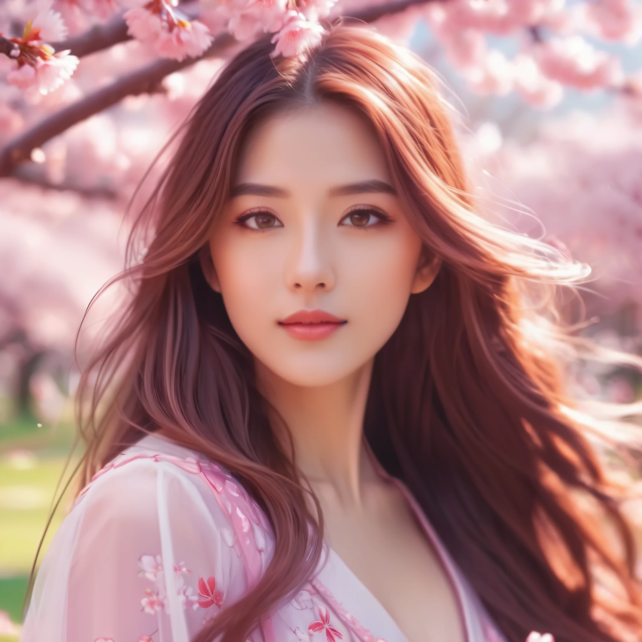 A stunning anime-style illustration of a beautiful woman with long, flowing hair and captivating eyes, posing elegantly for a photoshoot in a vibrant, cherry blossom-filled park. Highly detailed, 8K resolution, with soft, pastel colors and a dreamy, ethereal atmosphere. Cinematic lighting and a shallow depth of field create a mesmerizing, romantic mood.