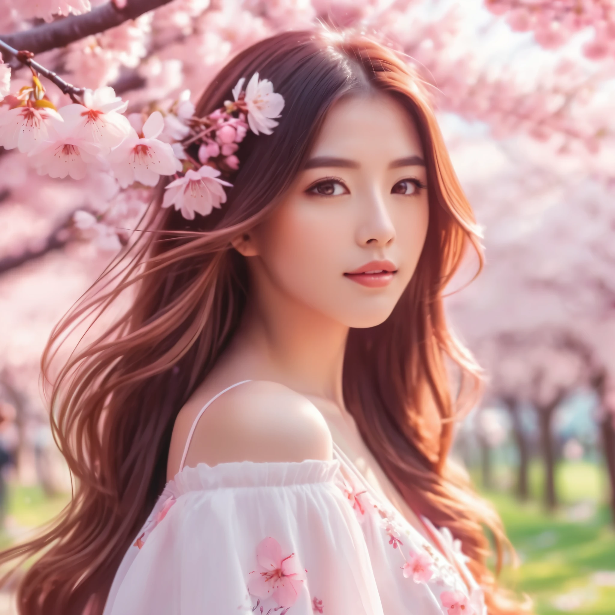 A stunning anime-style illustration of a beautiful woman with long, flowing hair and captivating eyes, posing elegantly for a photoshoot in a vibrant, cherry blossom-filled park. Highly detailed, 8K resolution, with soft, pastel colors and a dreamy, ethereal atmosphere. Cinematic lighting and a shallow depth of field create a mesmerizing, romantic mood.