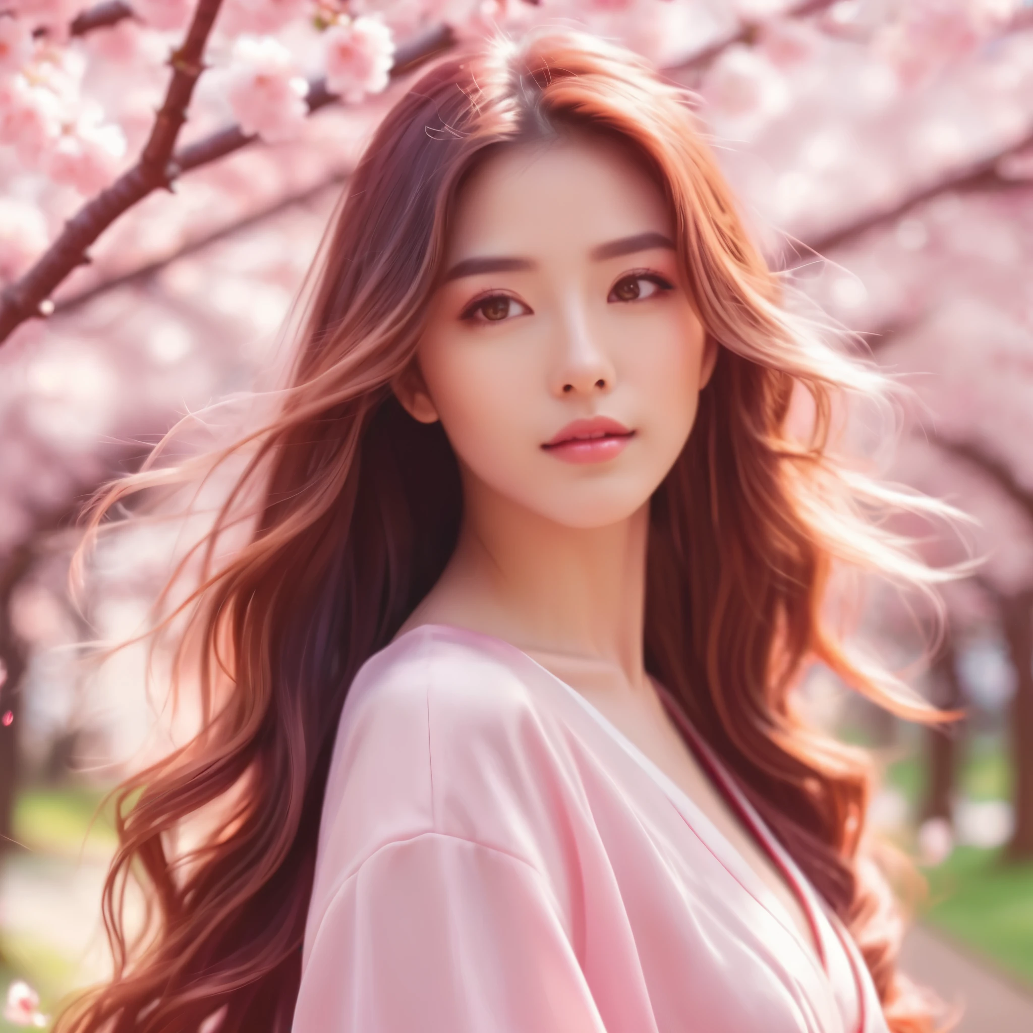 A stunning anime-style illustration of a beautiful woman with long, flowing hair and captivating eyes, posing elegantly for a photoshoot in a vibrant, cherry blossom-filled park. Highly detailed, 8K resolution, with soft, pastel colors and a dreamy, ethereal atmosphere. Cinematic lighting and a shallow depth of field create a mesmerizing, romantic mood.